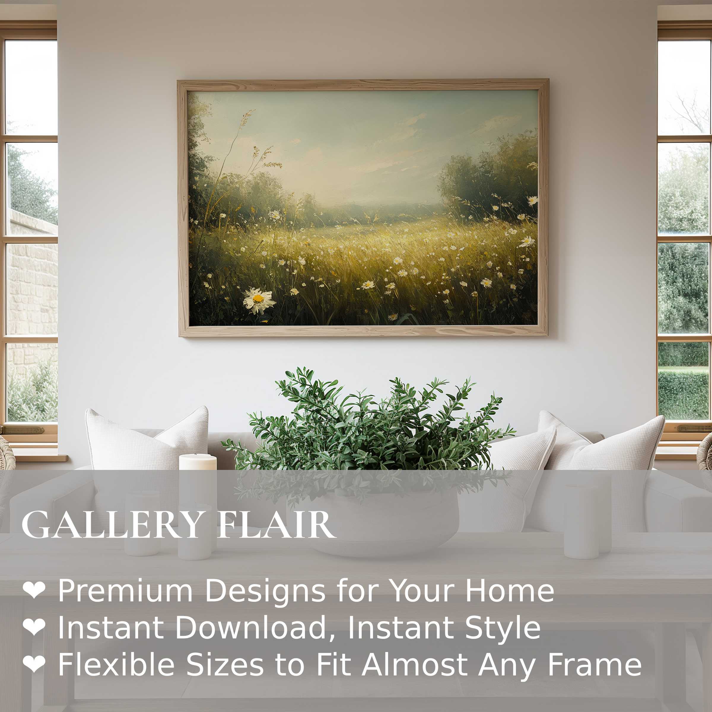 Botanical wall art print of a serene wildflower meadow, casting a soft, calming glow in a modern rustic living room