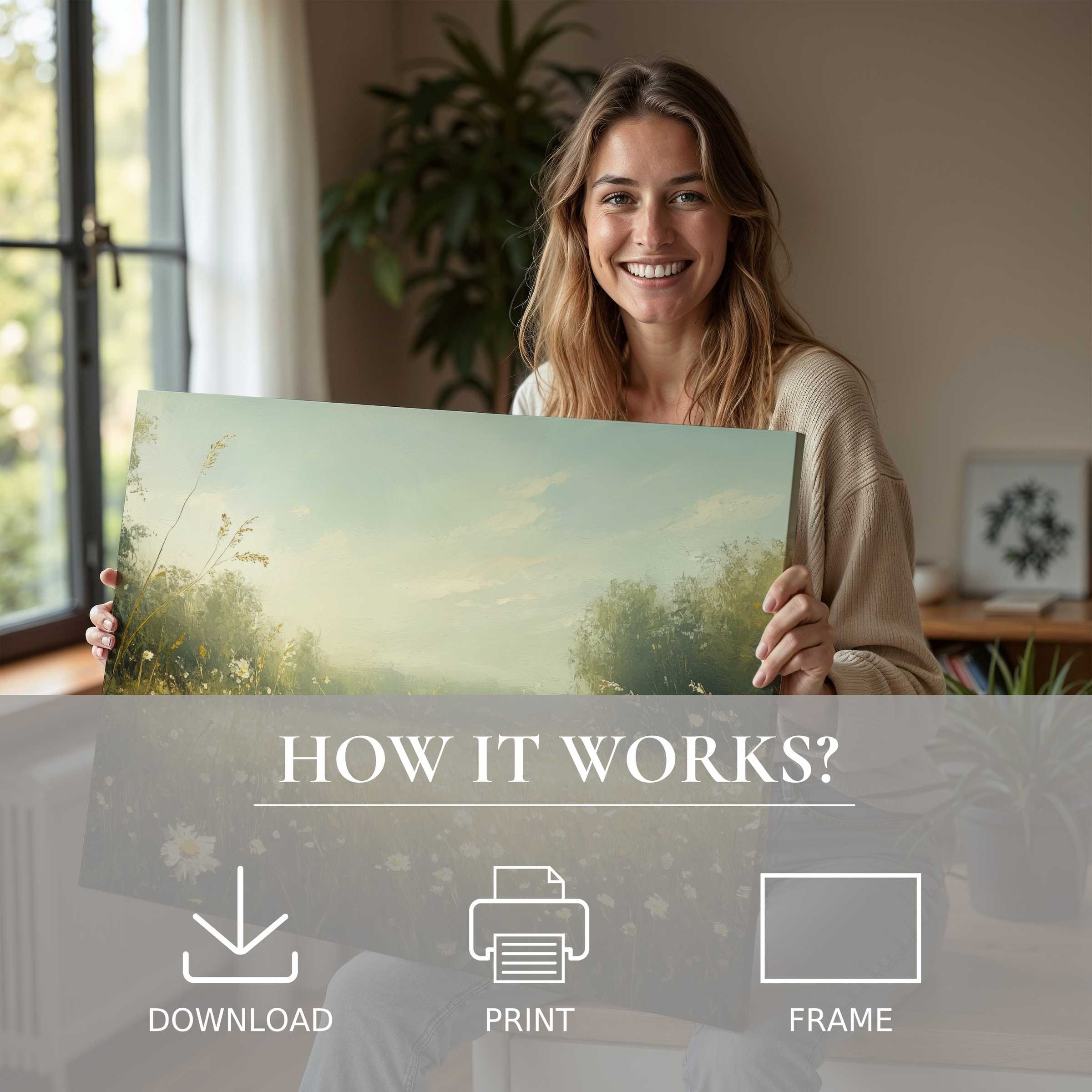 Woman in serene modern home embraces a botanical digital art print, capturing joy in effortless art living