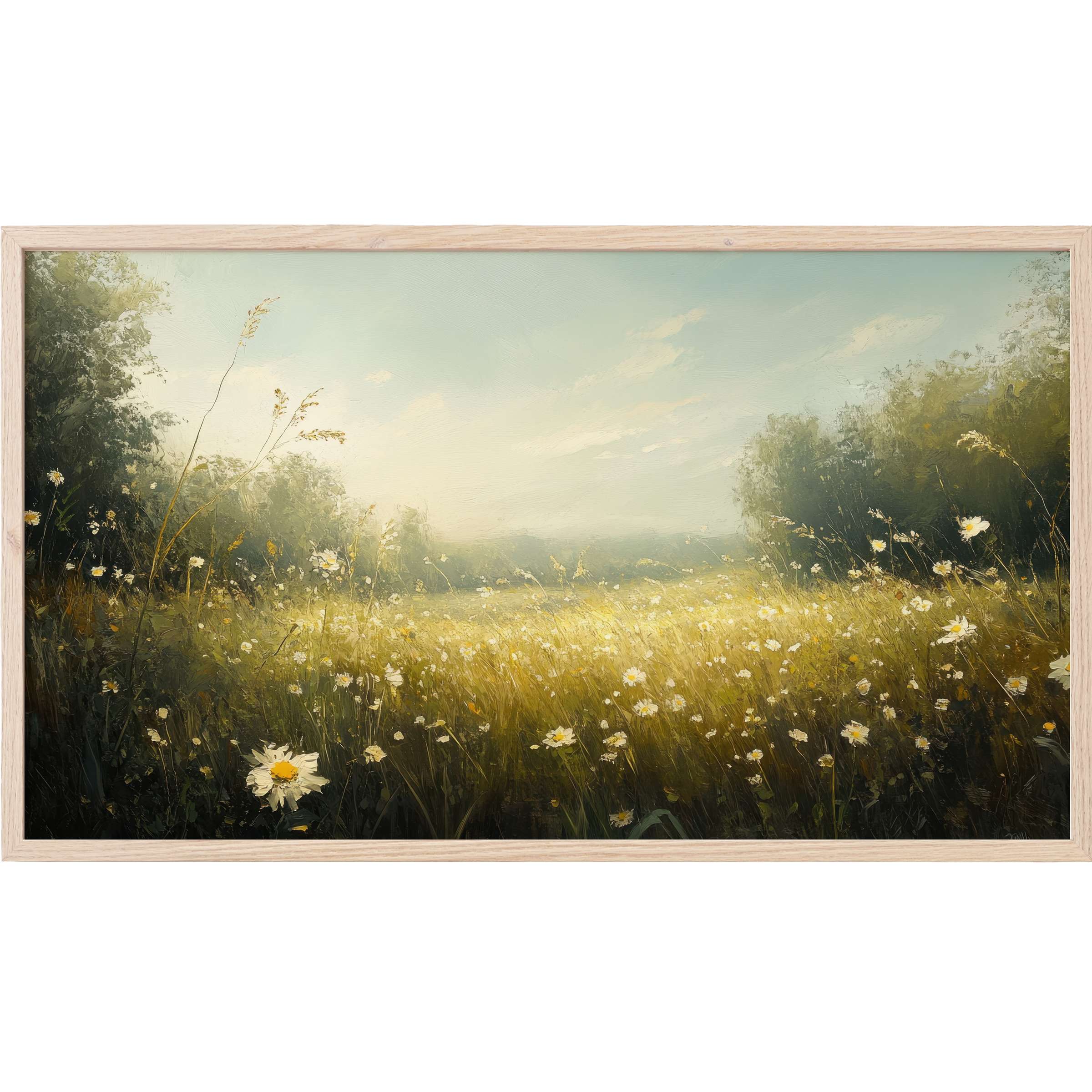 Serene meadow in soft greens and yellows with delicate daisies, an elegant botanical Frame TV Art piece
