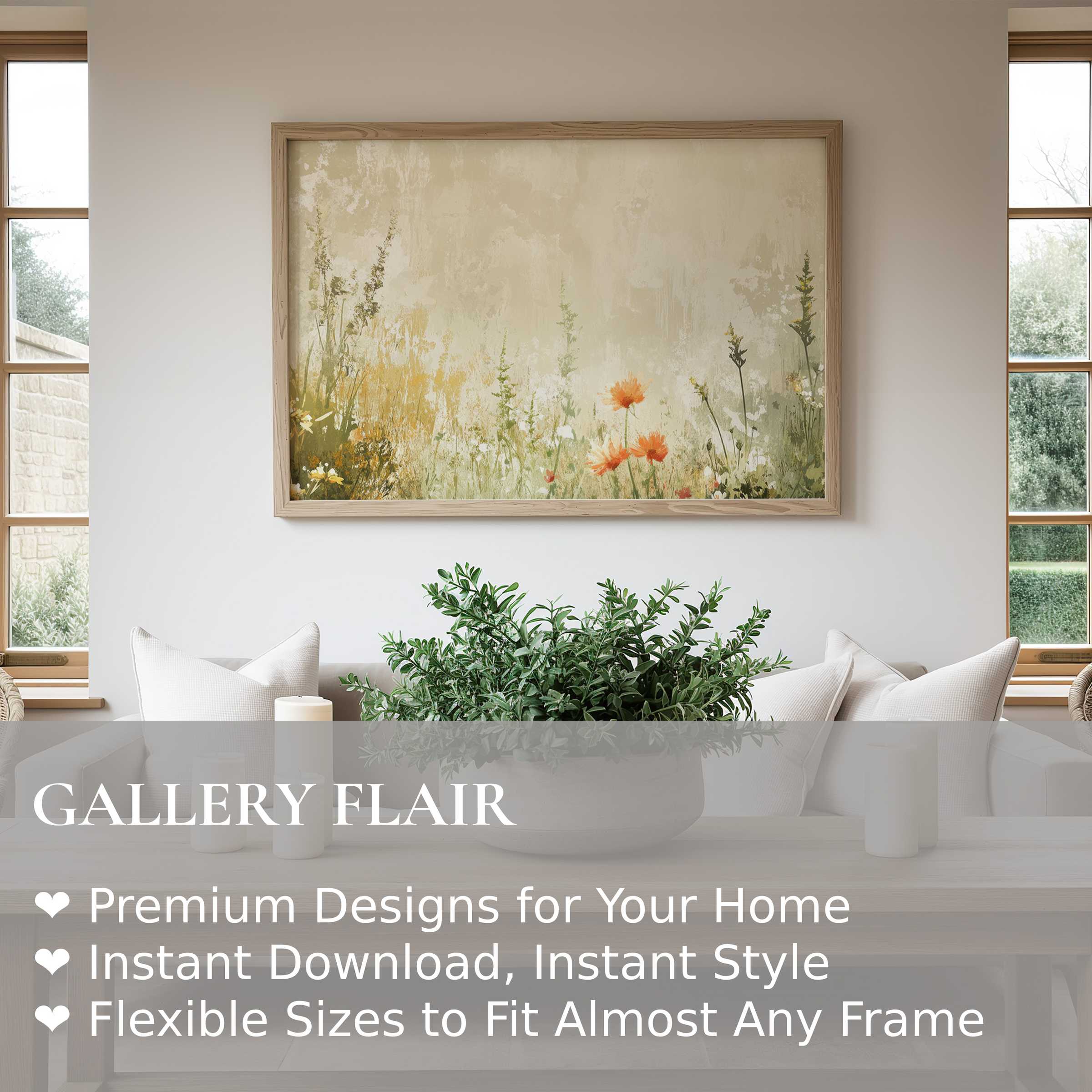 Vintage wall art print featuring soft wildflowers in muted earth tones, enhancing a serene, modern farmhouse living room with natural elegance