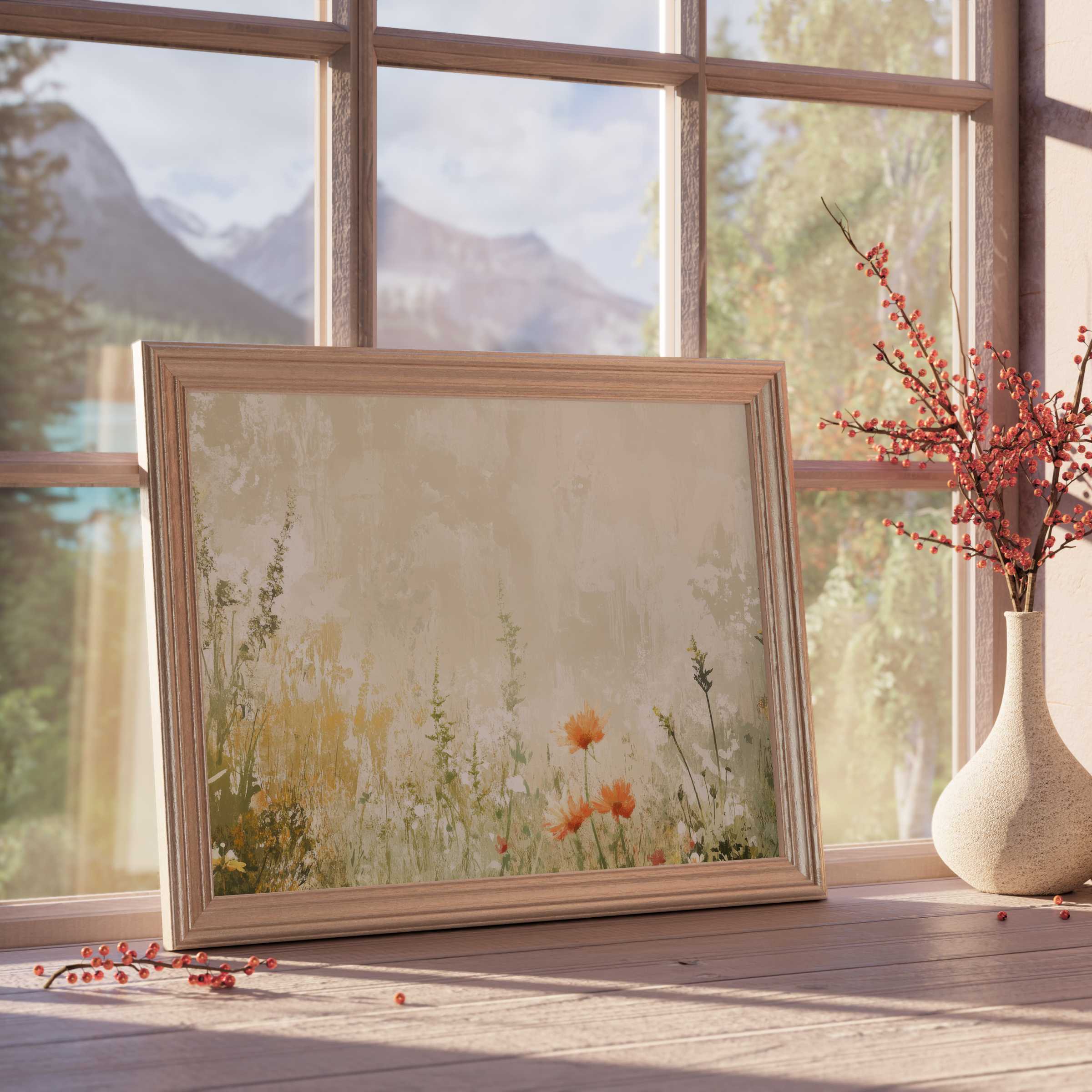 Vintage downloadable art featuring delicate wildflowers in warm earth tones, perfect for elevating serene, curated interiors with timeless charm