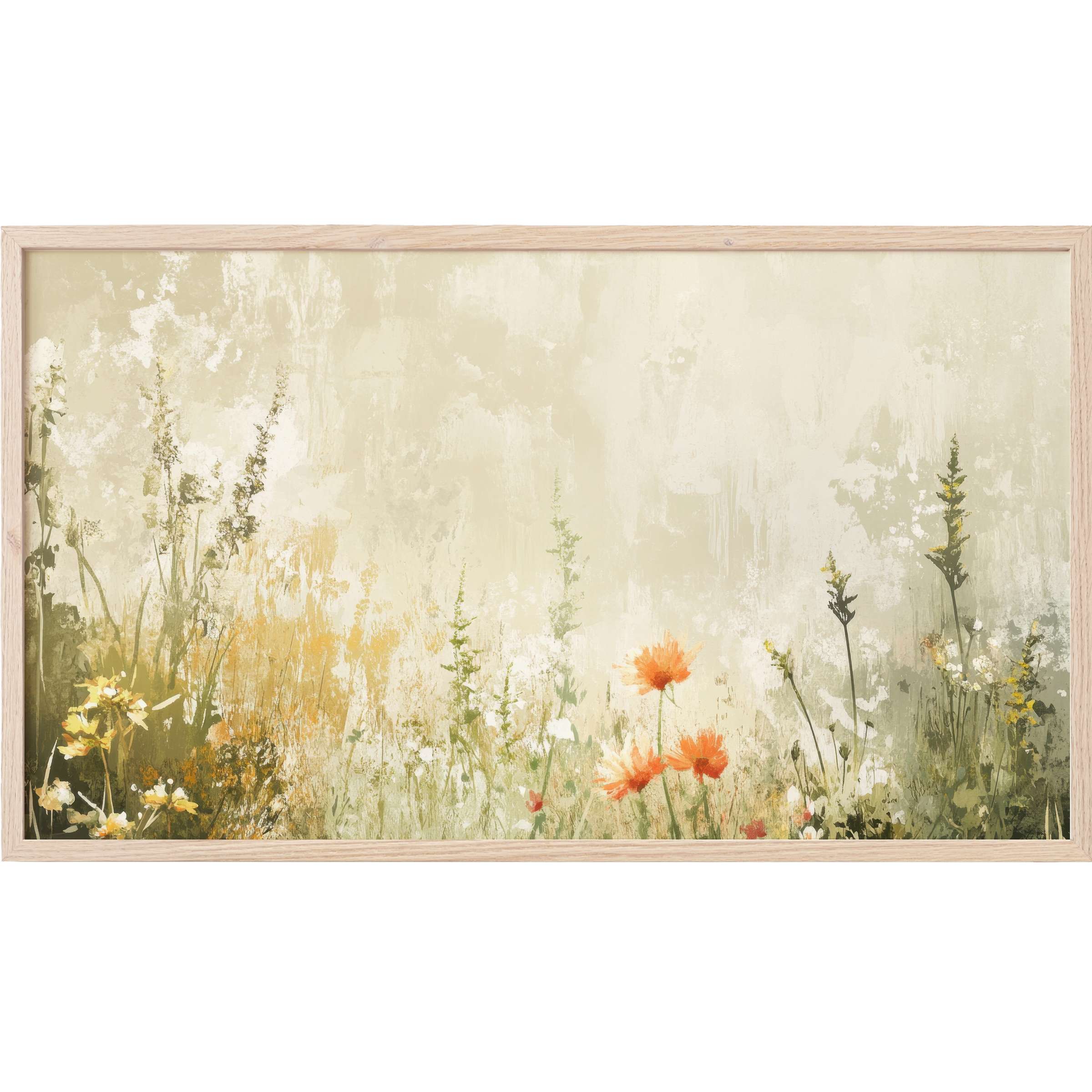 Softly textured vintage Frame TV Art depicting wildflowers in muted greens, yellows, and gentle orange tones