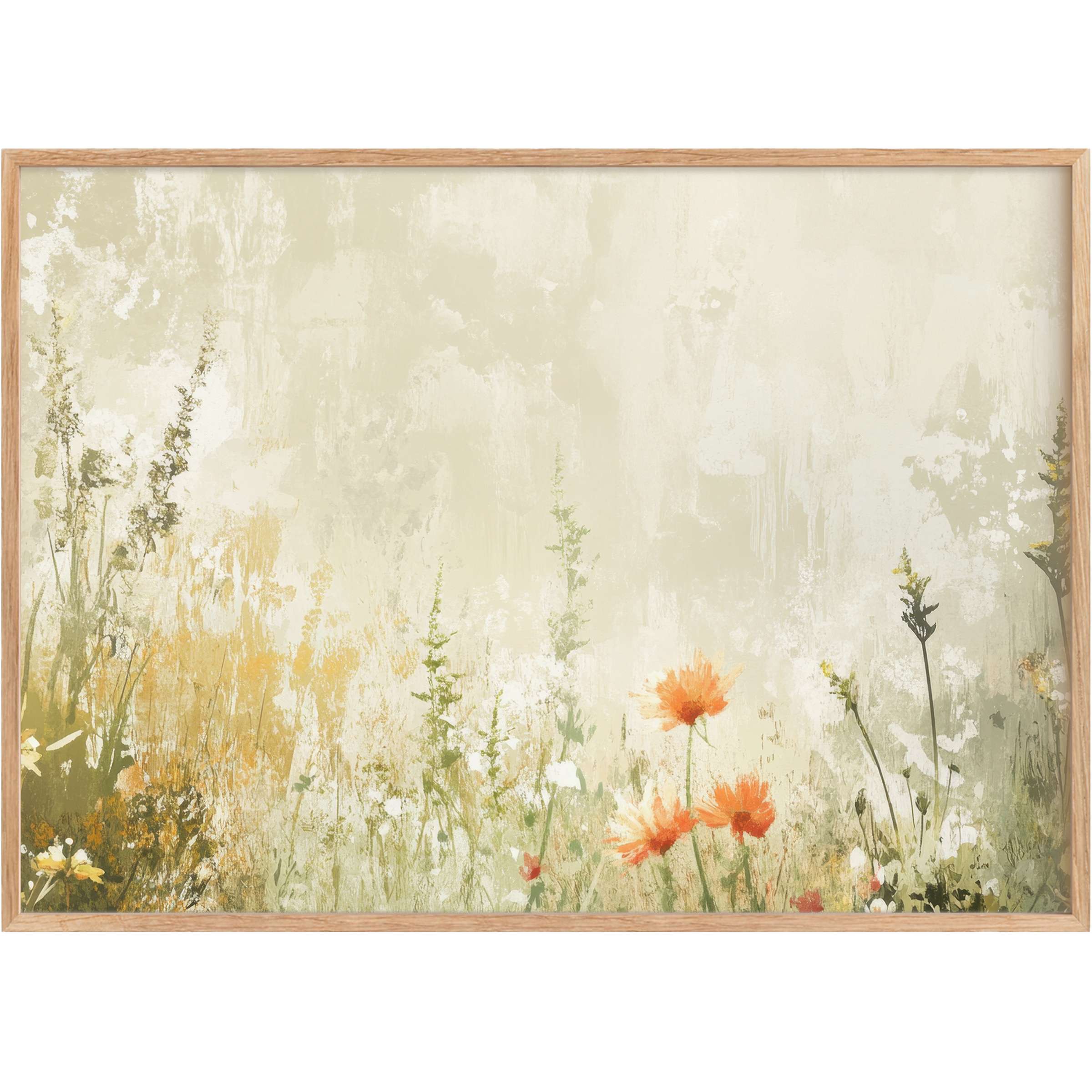 Vintage printable wall art featuring soft, sun-kissed wildflowers in muted greens and warm oranges, evoking a serene, timeless ambiance