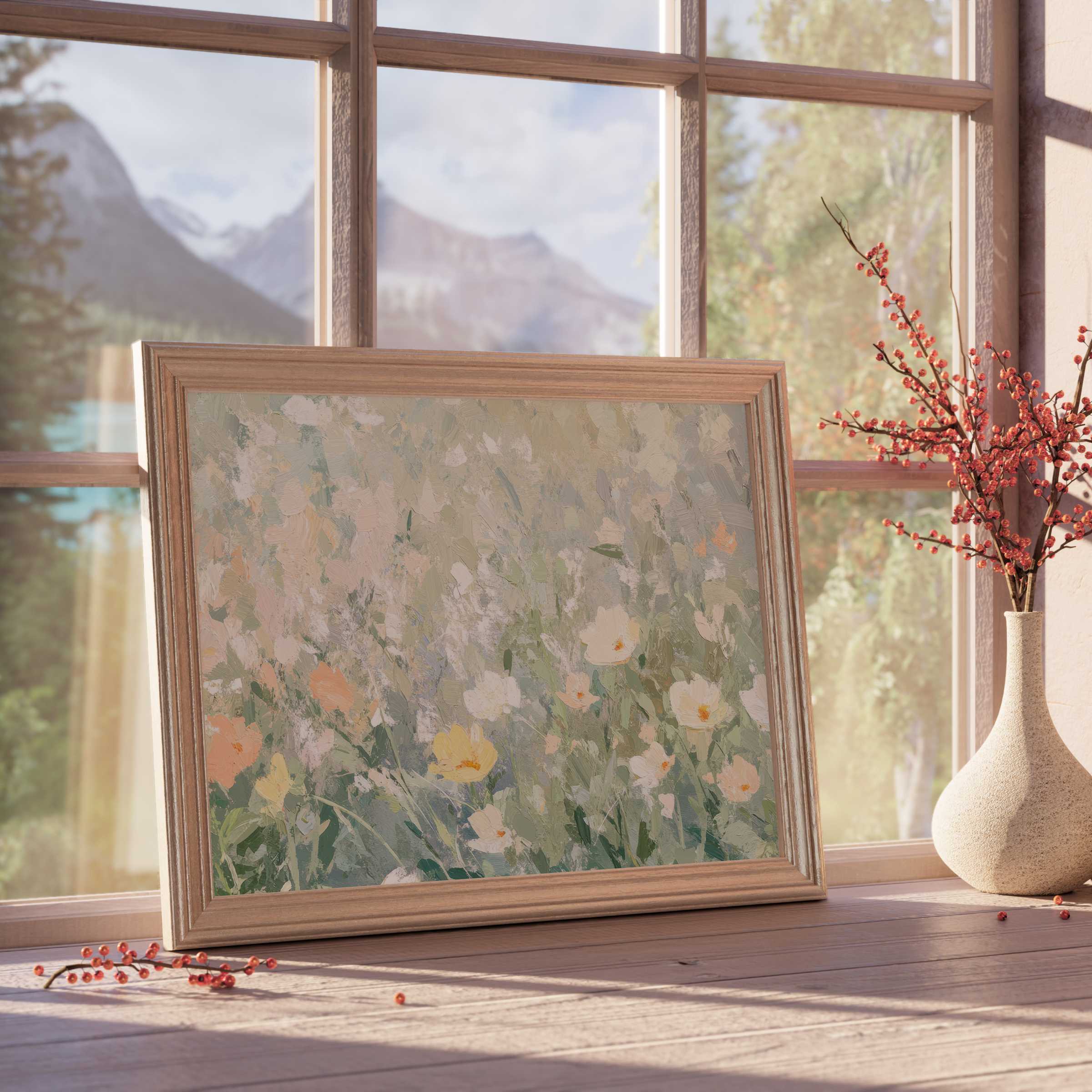 Serene floral downloadable art in soft pastels, enhancing tranquil, curated interiors with timeless elegance and refined botanical charm