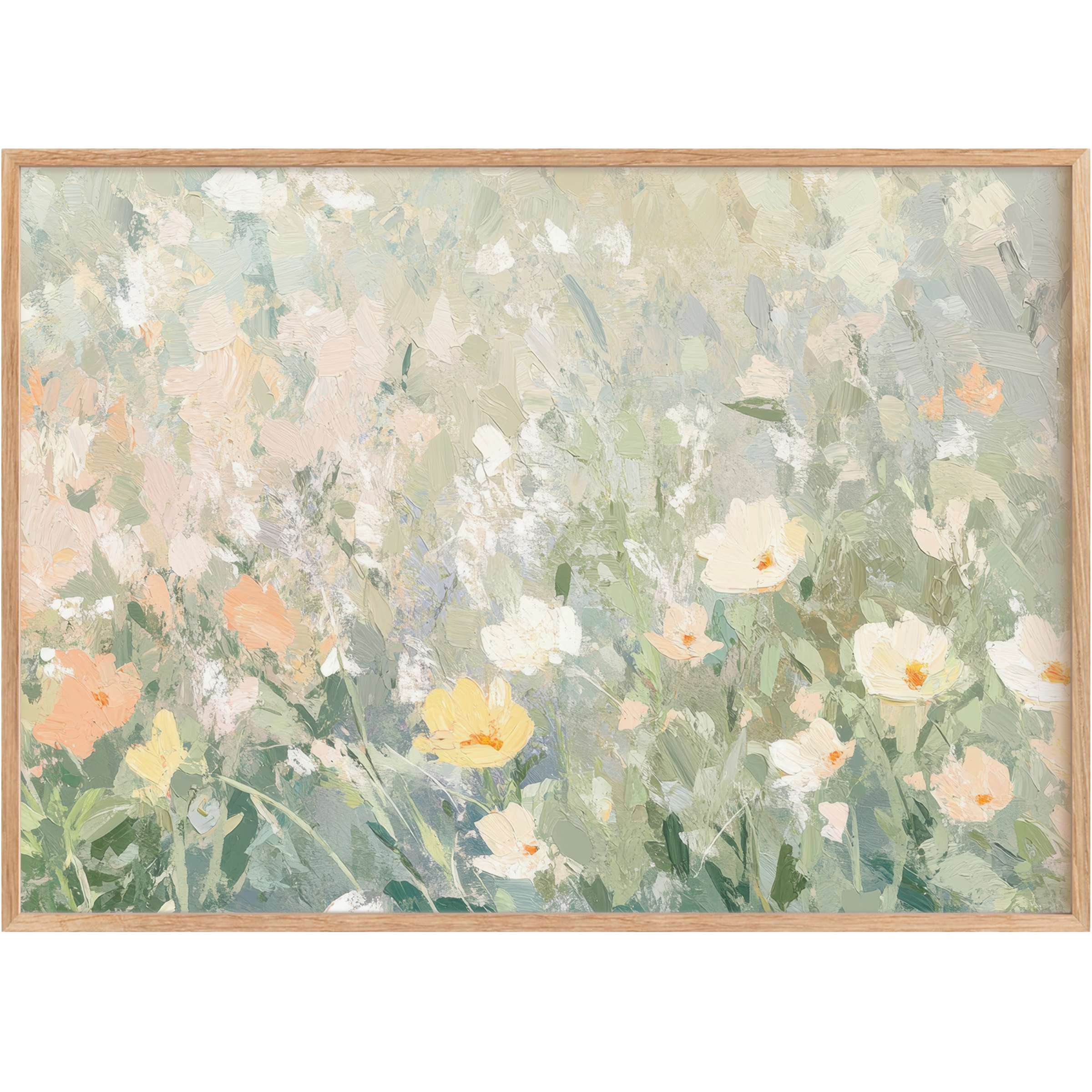 Elegant floral printable wall art in soft pastels, evoking a serene, radiant garden with delicate creams, peaches, and sage greens