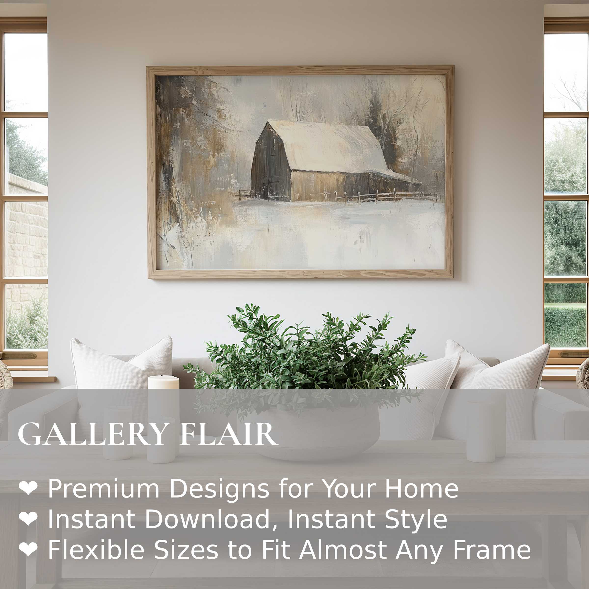Farmhouse wall art print with serene snow-covered barn in muted tones, enhancing a modern rustic interior with calming, elegant warmth
