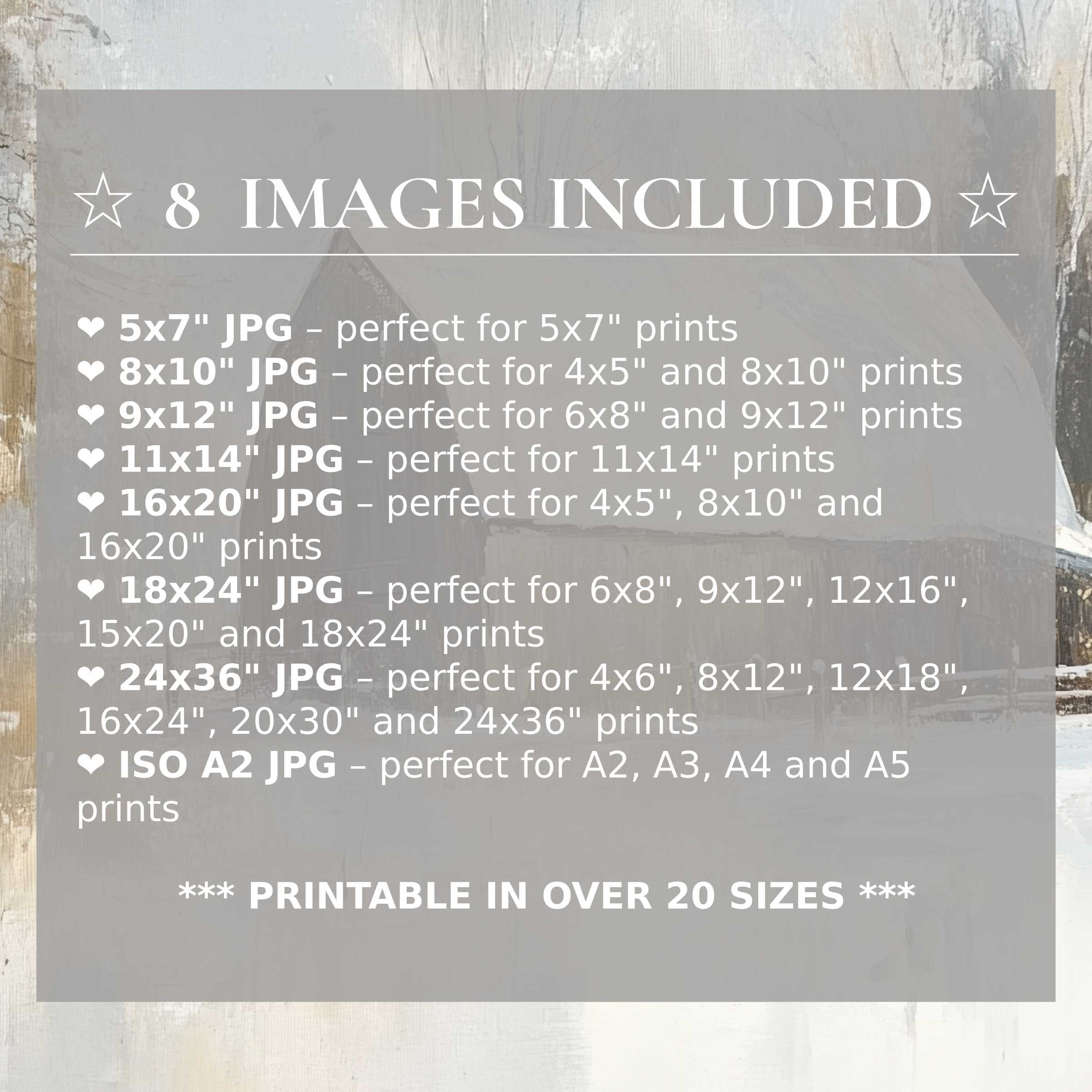 Farmhouse digital print featuring soft neutrals and muted grays, offering radiant calm and timeless elegance in 8 high-quality sizes