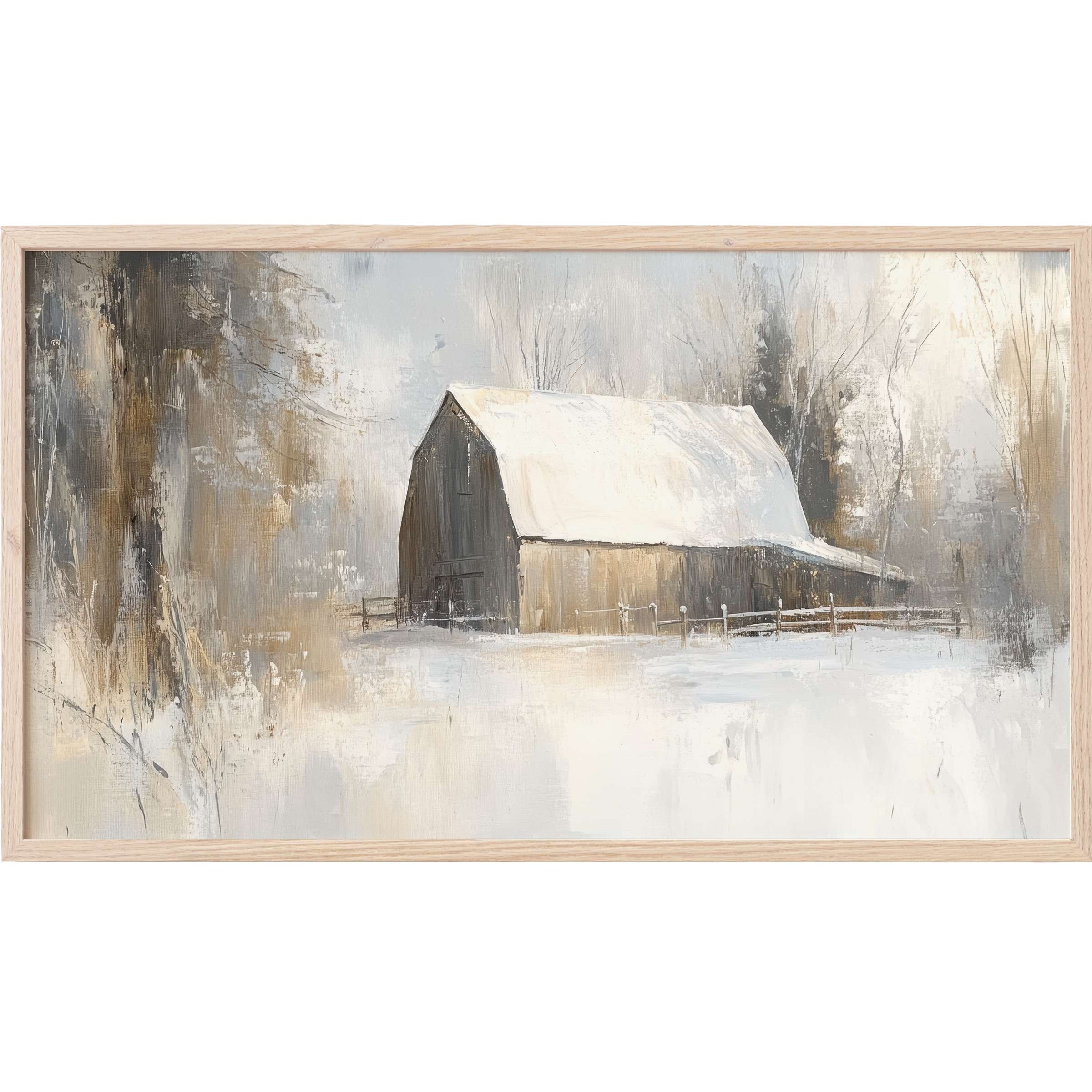 Farmhouse Frame TV Art, muted winter palette with soft grays and browns, rustic barn in serene snowy landscape