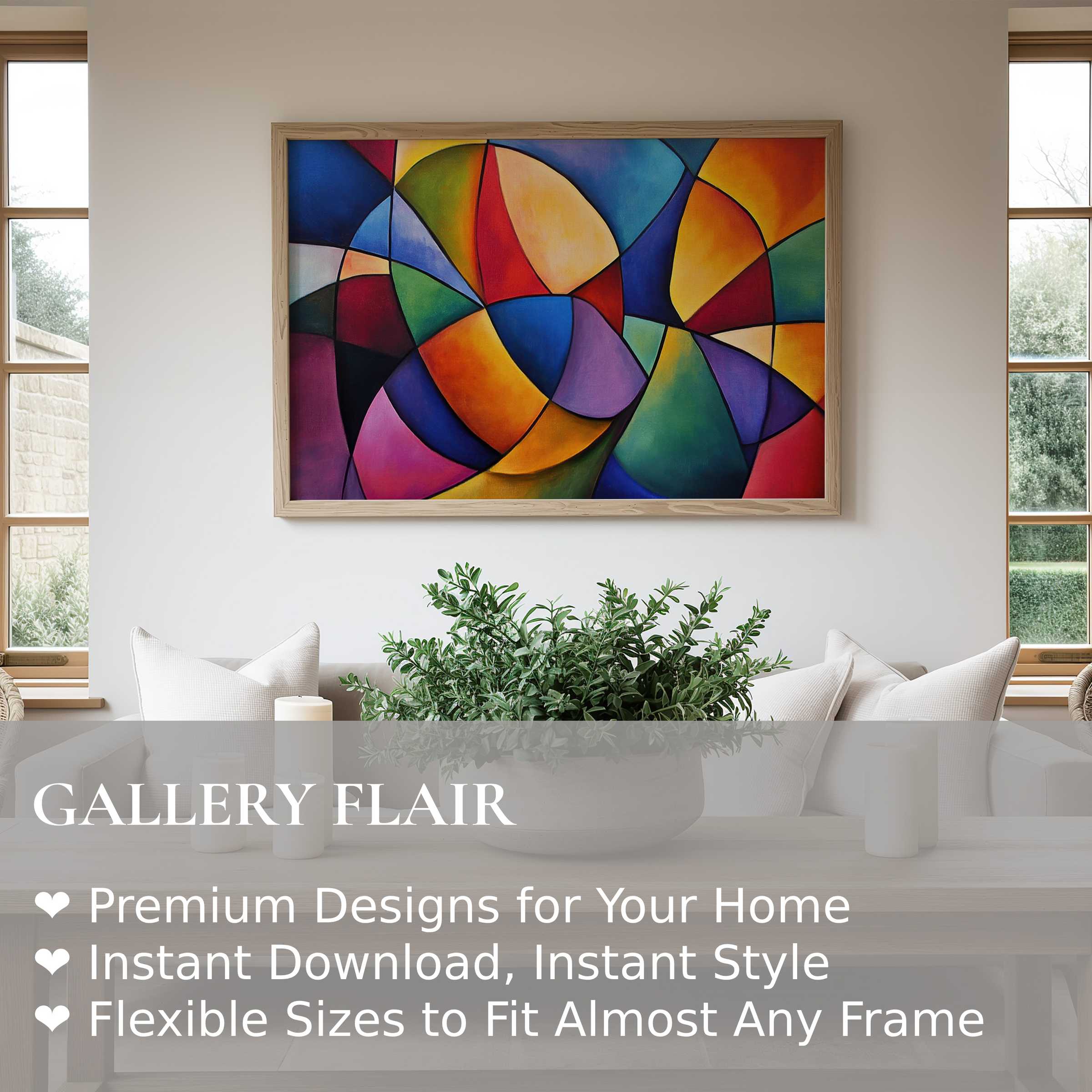 Vibrant modern wall art print with bold geometric curves energizes this serene, minimalist living space with radiant color