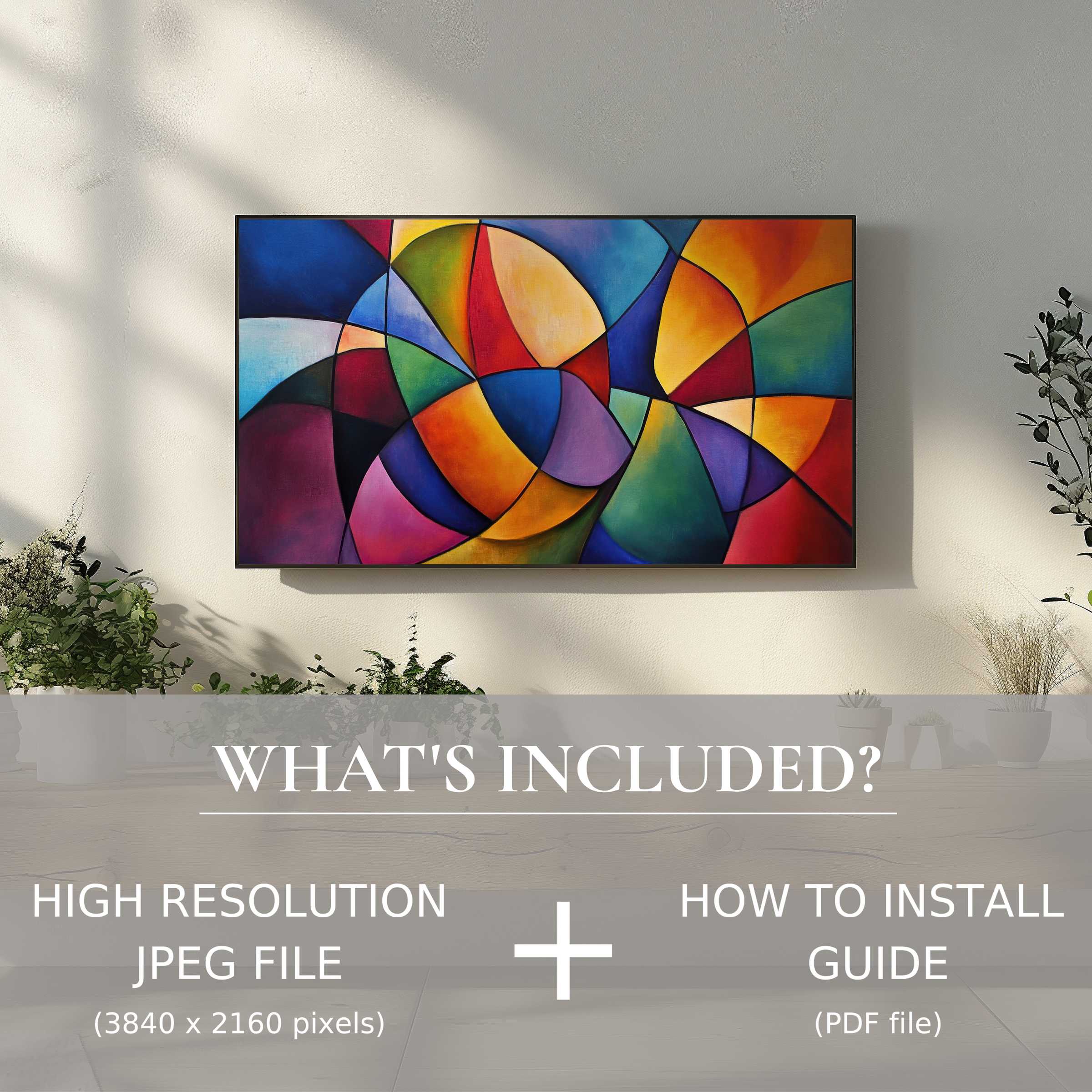 Elegant living space featuring vibrant modern digital TV art download, easy to use and enhancing style