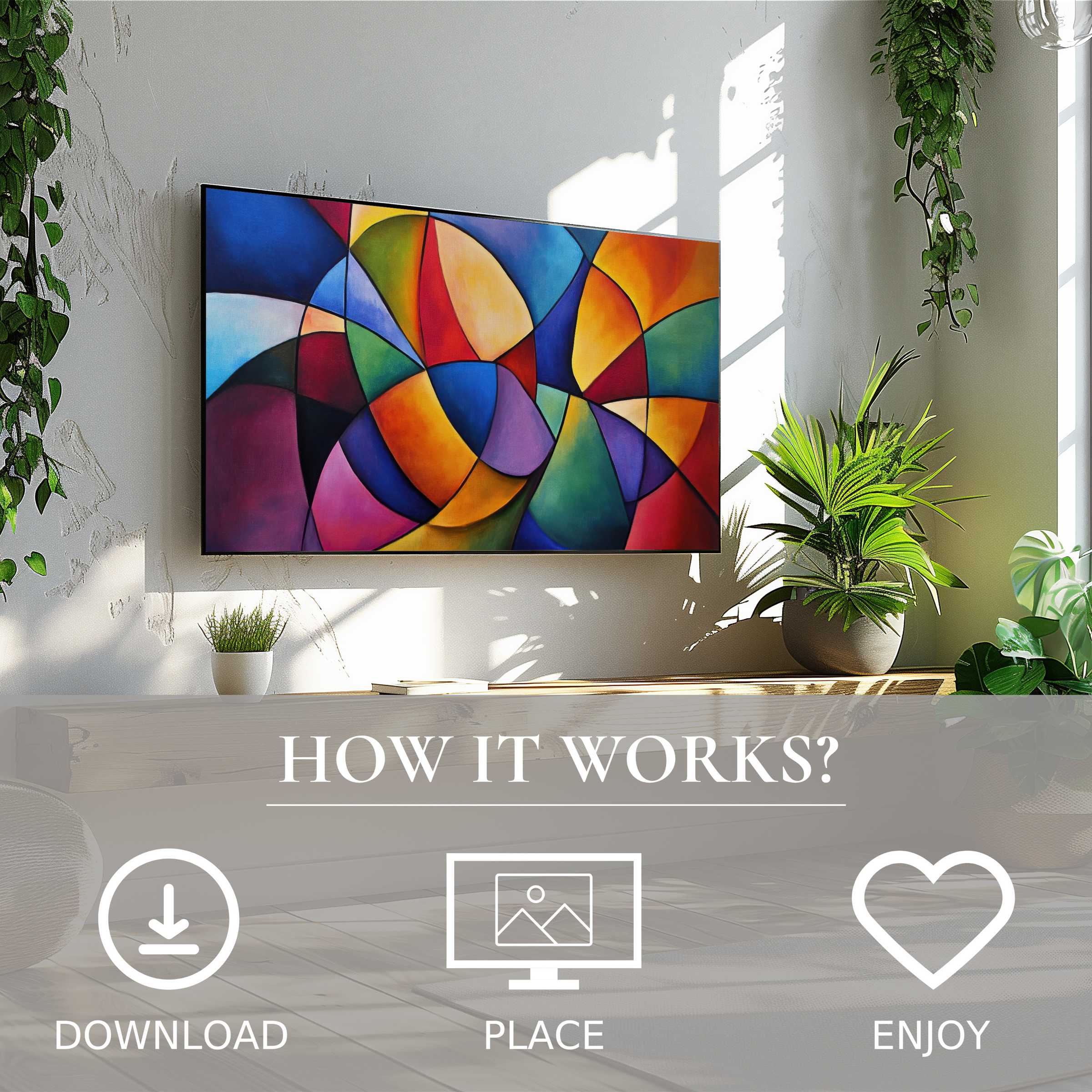Modern art for Samsung TV: vibrant color flow motif on Frame TV enriches space with simple digital download and display