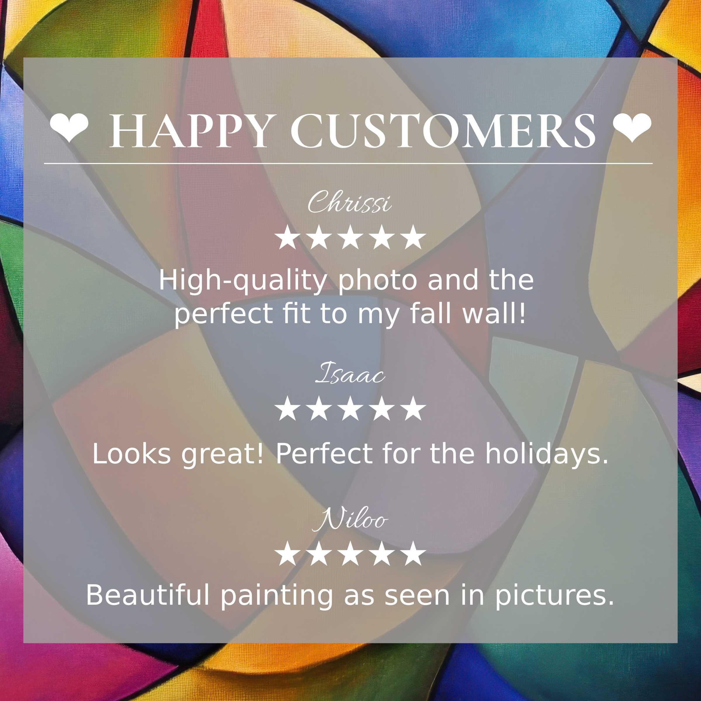 Modern art for Frame TV with abstract sunset hues; happy customer reviews build trust and highlight elegance