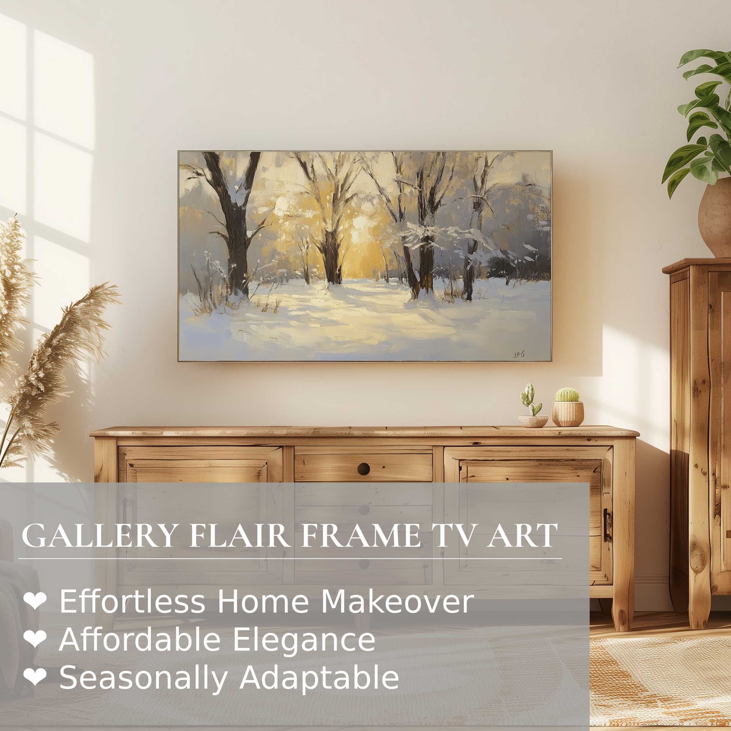 Samsung Frame TV displays serene winter digital artwork, blending modern elegance with cozy home decor
