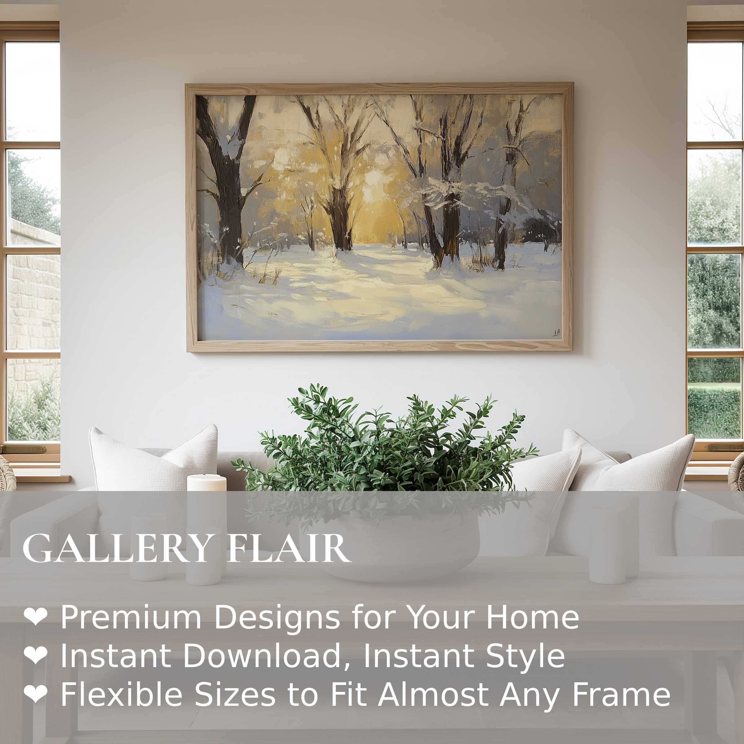 Winter wall art print capturing a serene snowy forest bathed in warm golden light, enhancing modern minimalist interiors with calming elegance