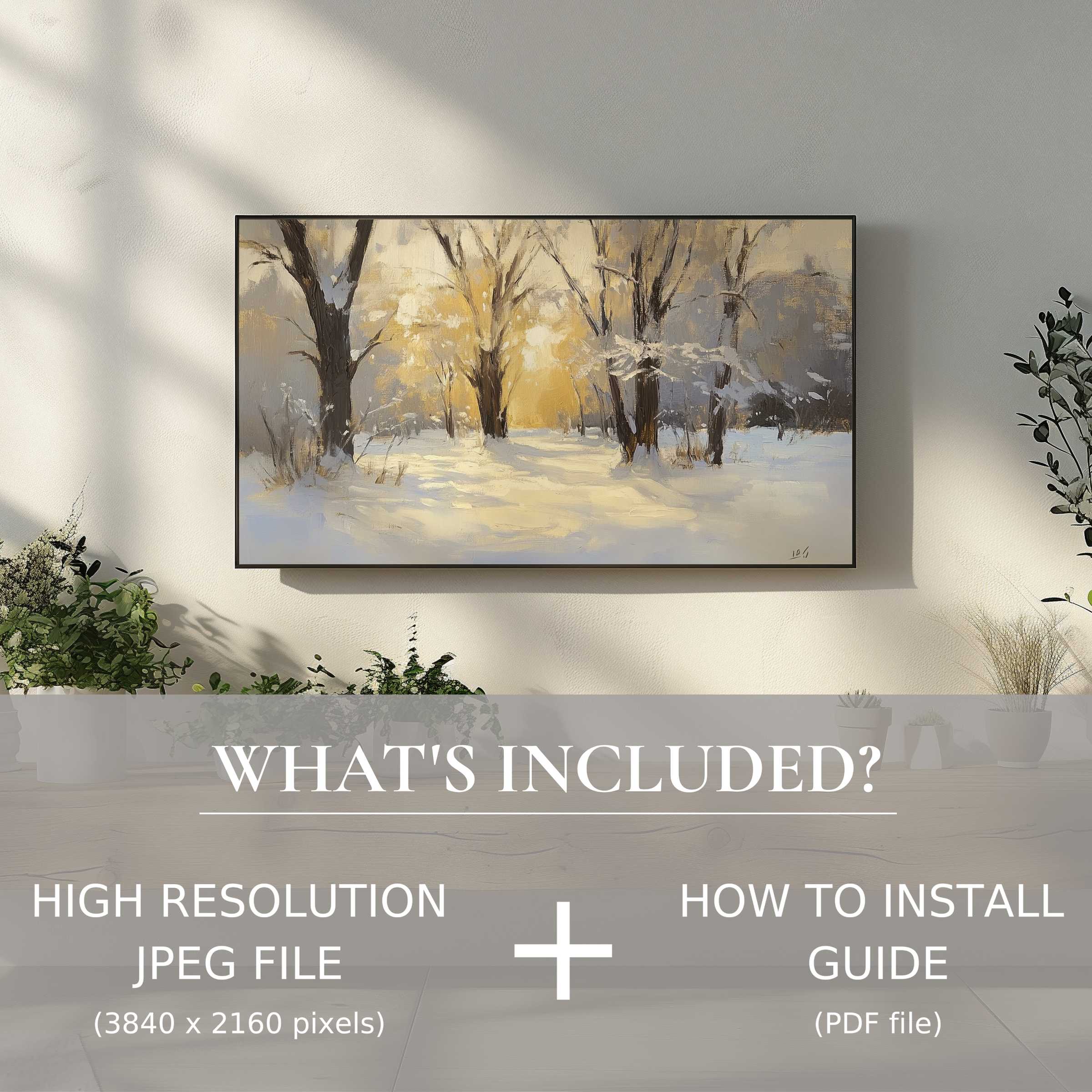 Elegant winter digital TV art download brightens any living space with easy digital use and serene snowy forest scenes
