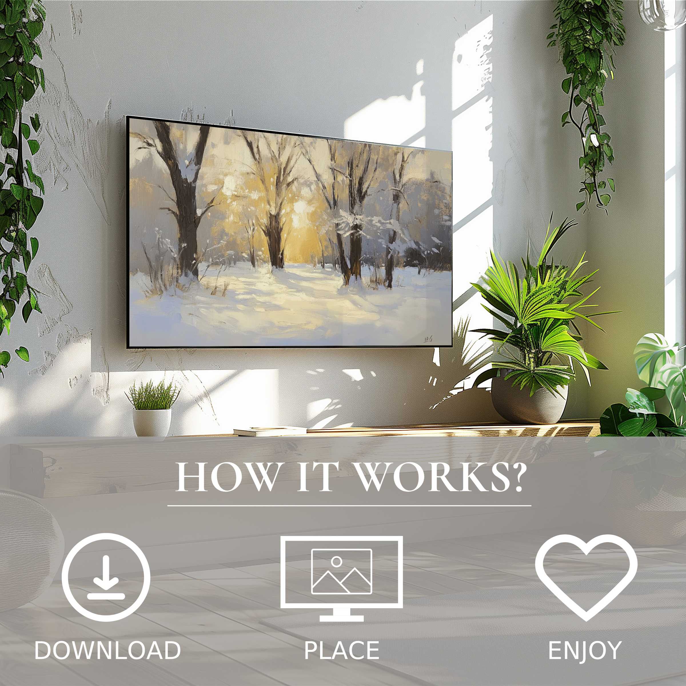 Winter art for Samsung TV shows soft sunset tones in a snowy forest, easy digital download enriches modern decor