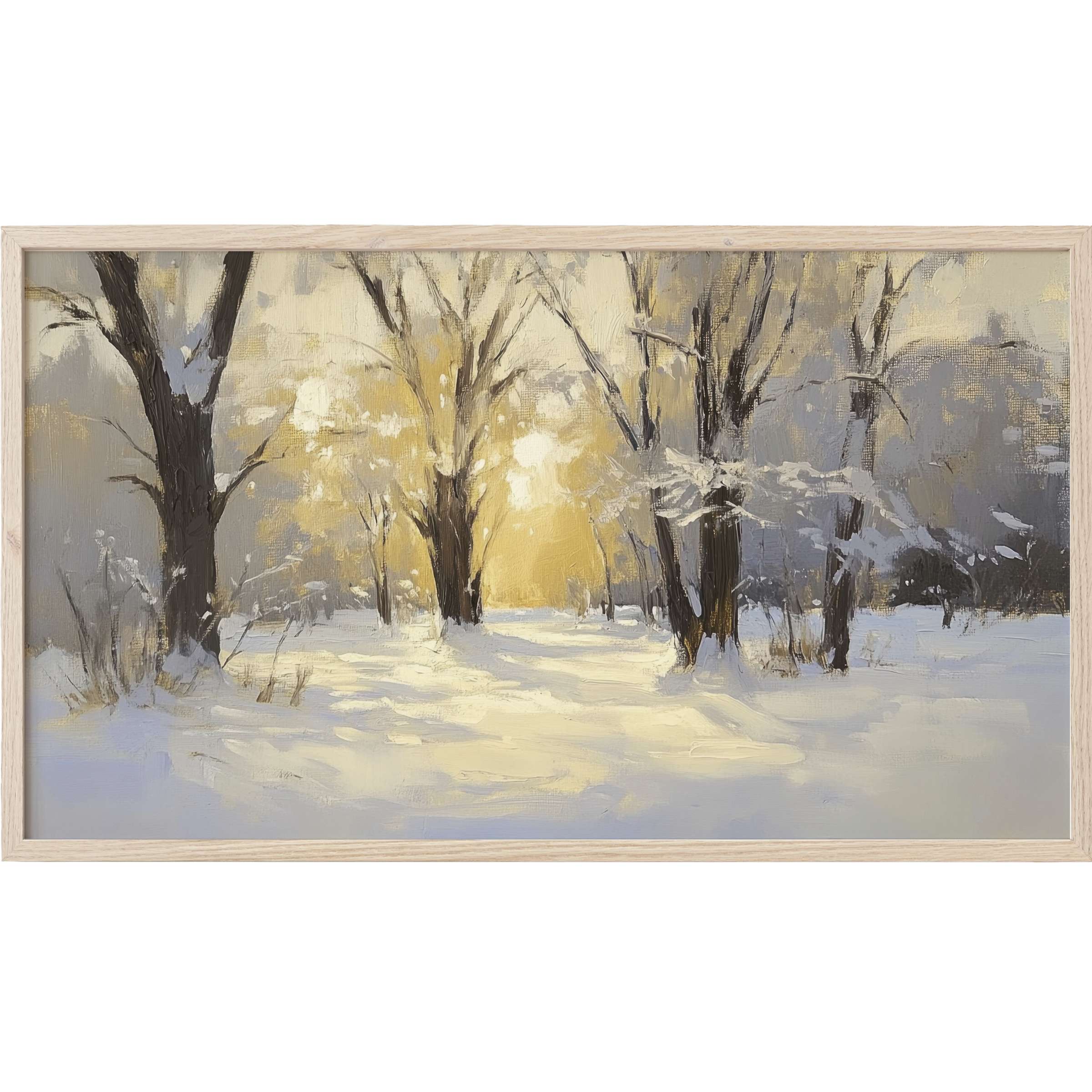 Winter Frame TV Art depicting a tranquil snowy forest in soft grays, gold, and cream with a modern painterly style