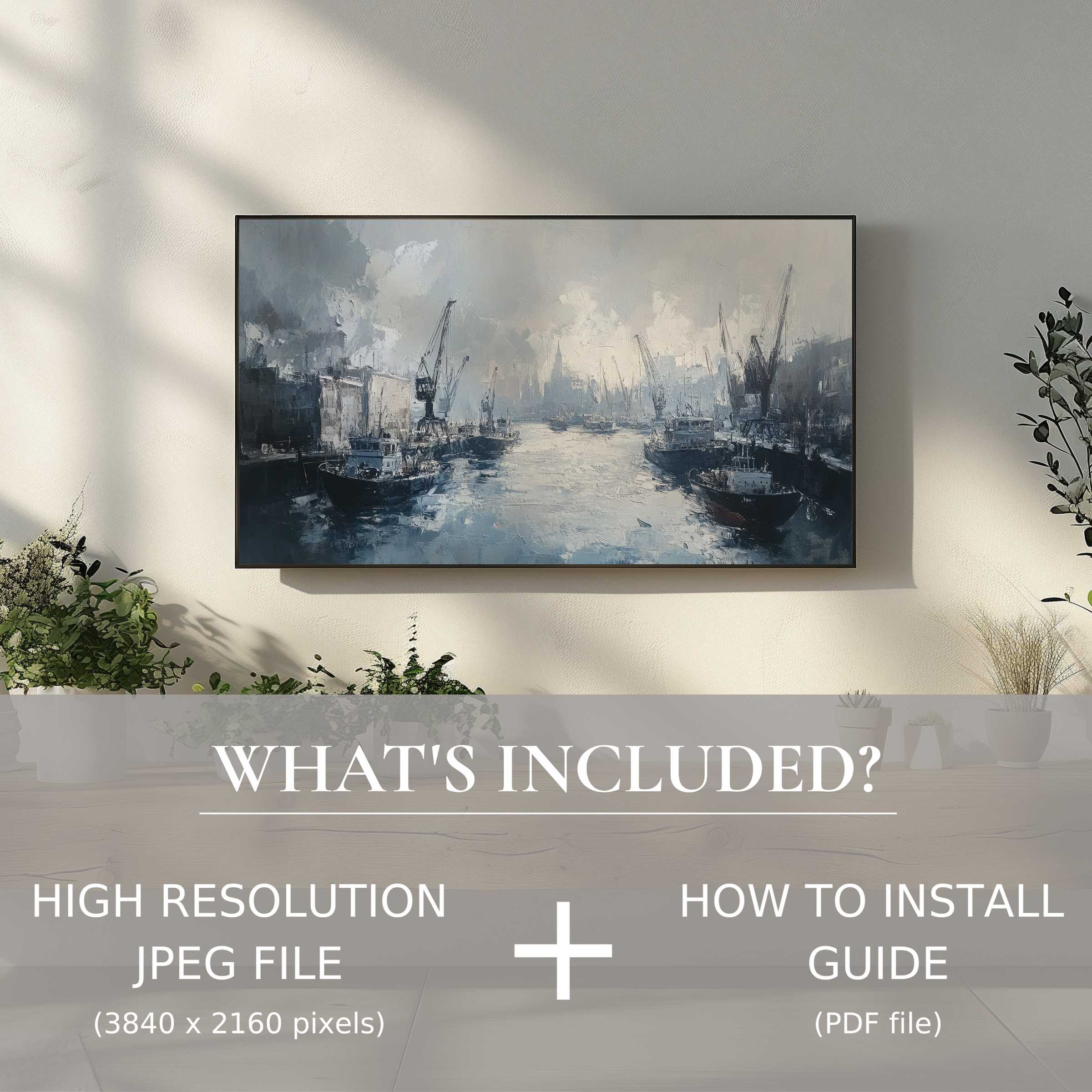 Elegant urban digital TV art download showcasing harbor scene; easy digital use enhances stylish living spaces effortlessly
