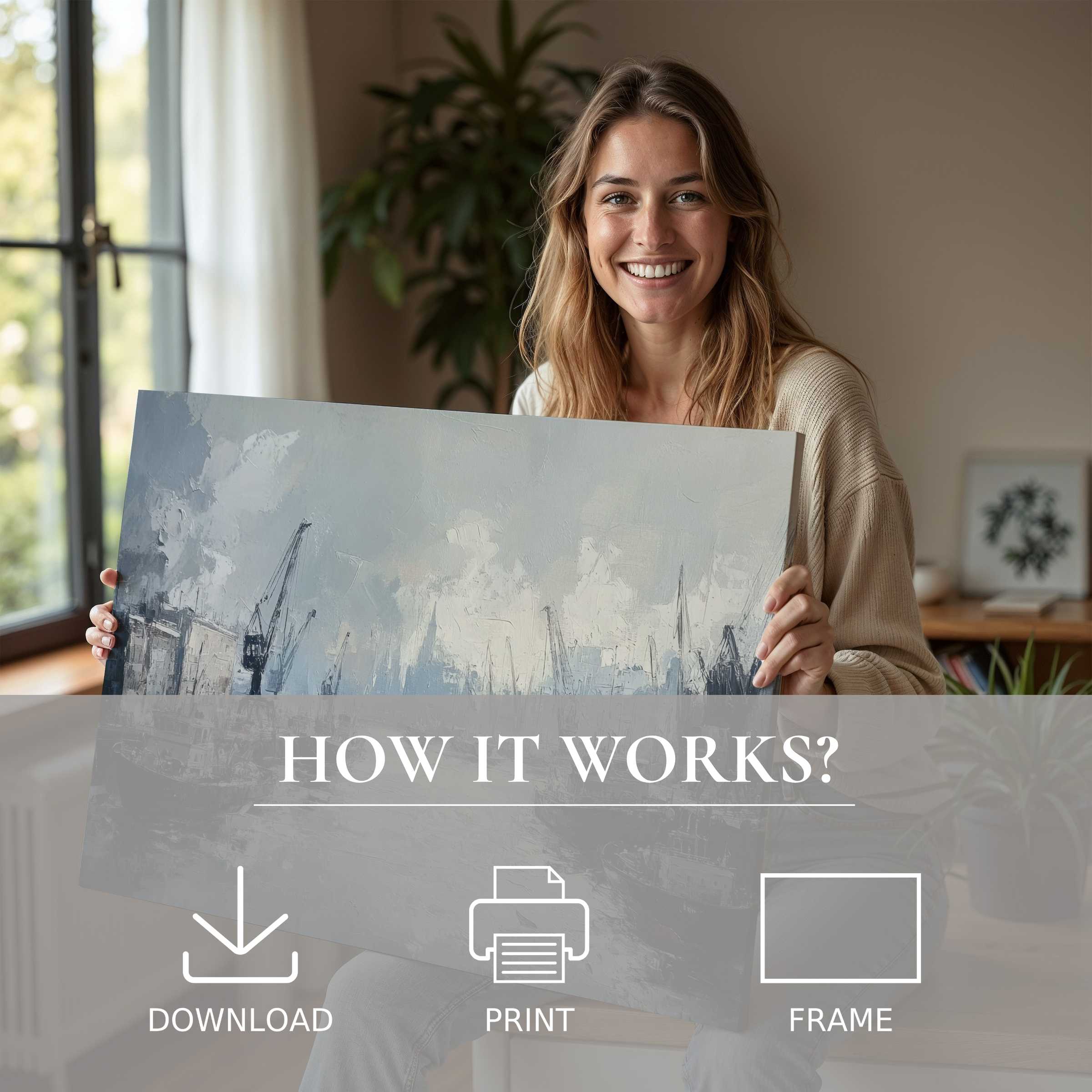 A serene moment of connection with urban digital art print, blending soft grays and light, elevating modern living spaces