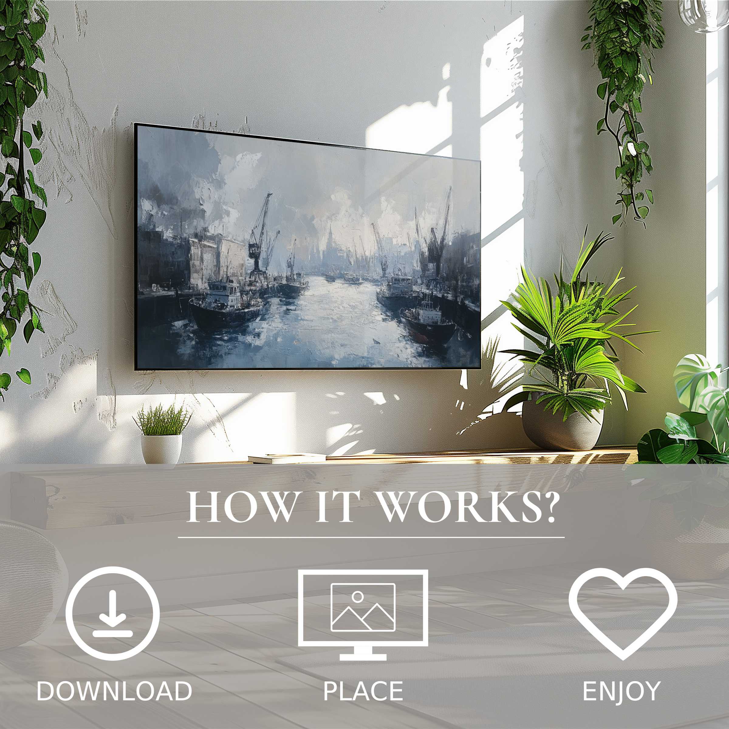 Modern living room with easy digital download - urban art for Samsung TV shows muted harbor scene enriching space