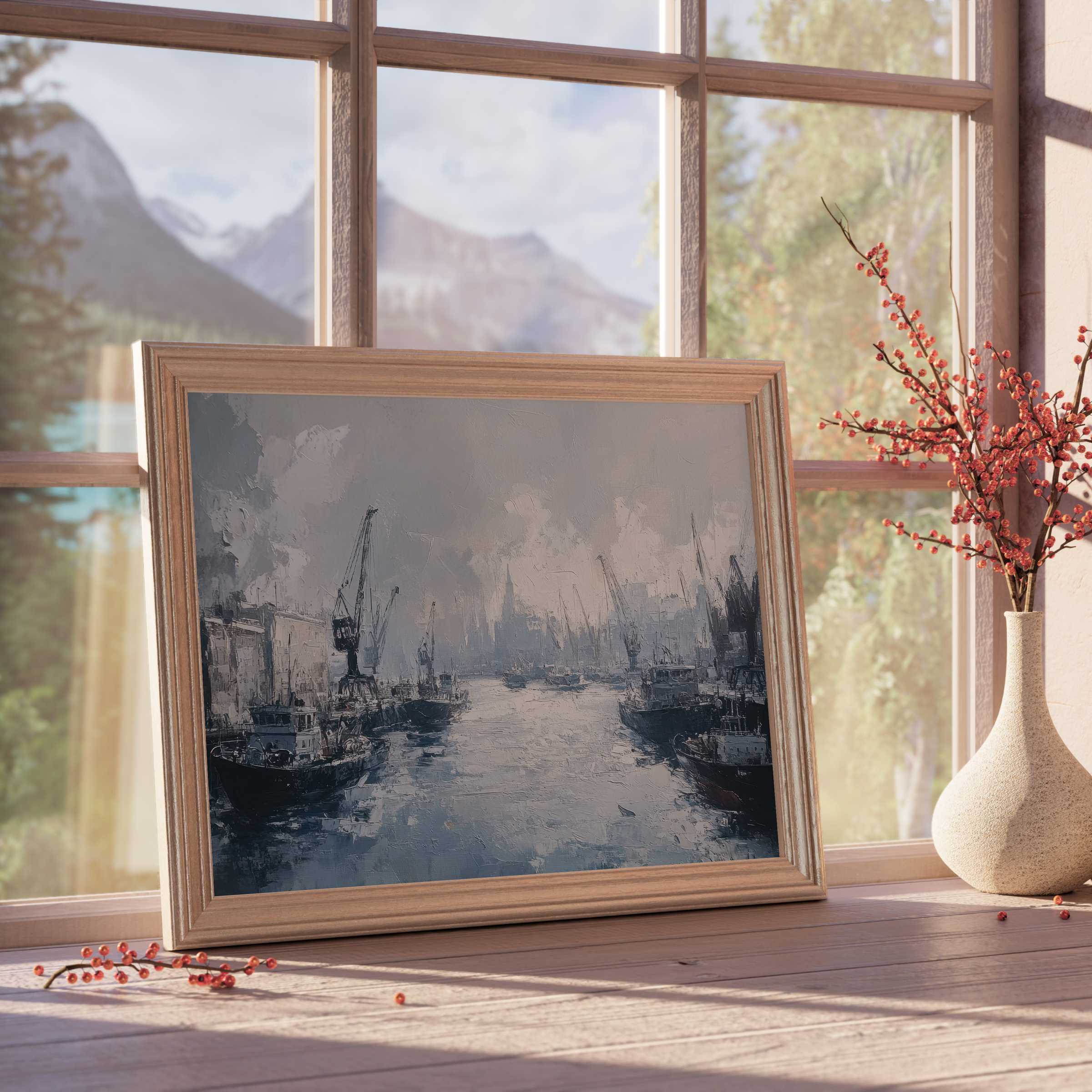 Urban downloadable art capturing a moody harbor scene with textured brushstrokes, elevating refined, tranquil interiors