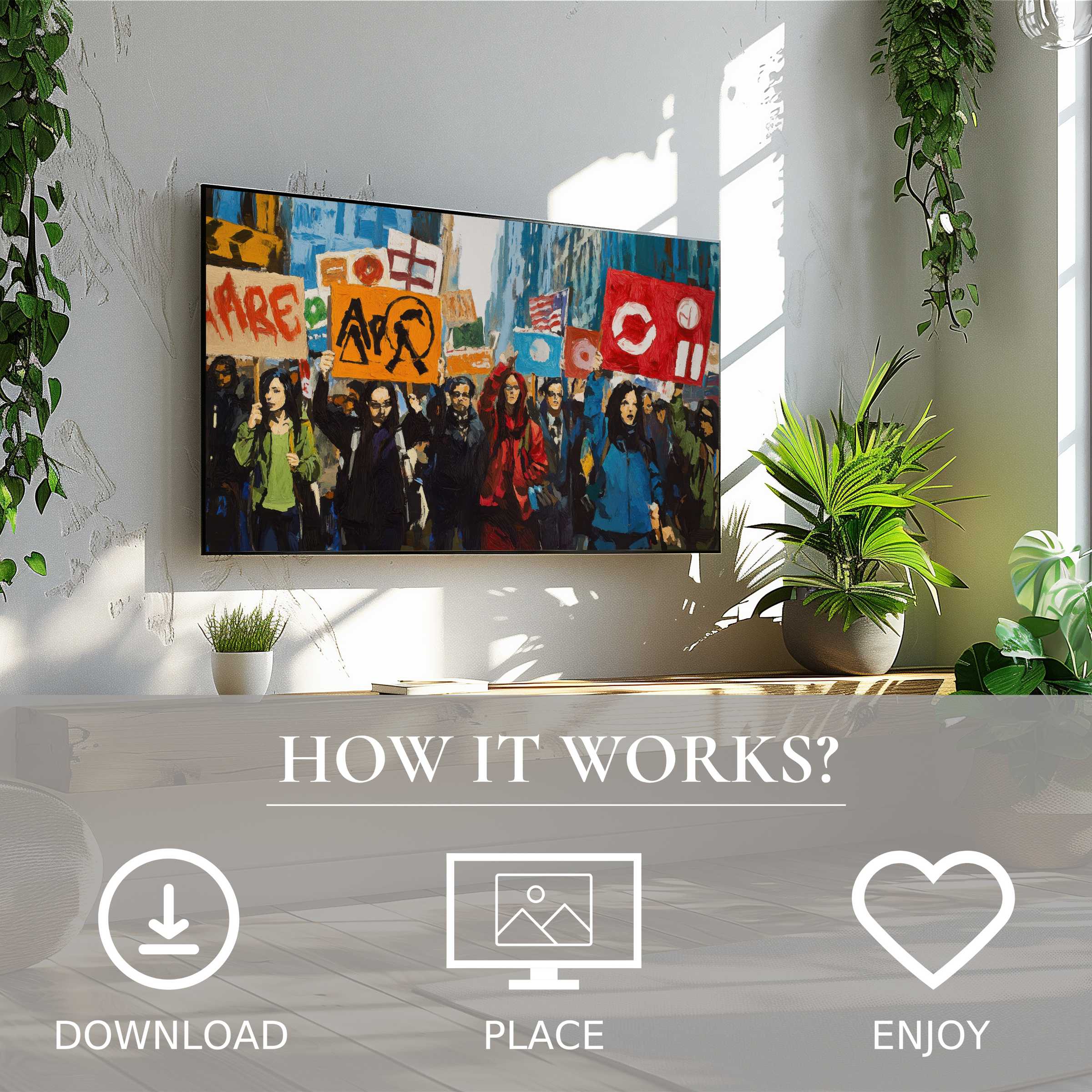 Modern living room with vibrant protest scene on Frame TV in street art for Samsung TV Easy digital download