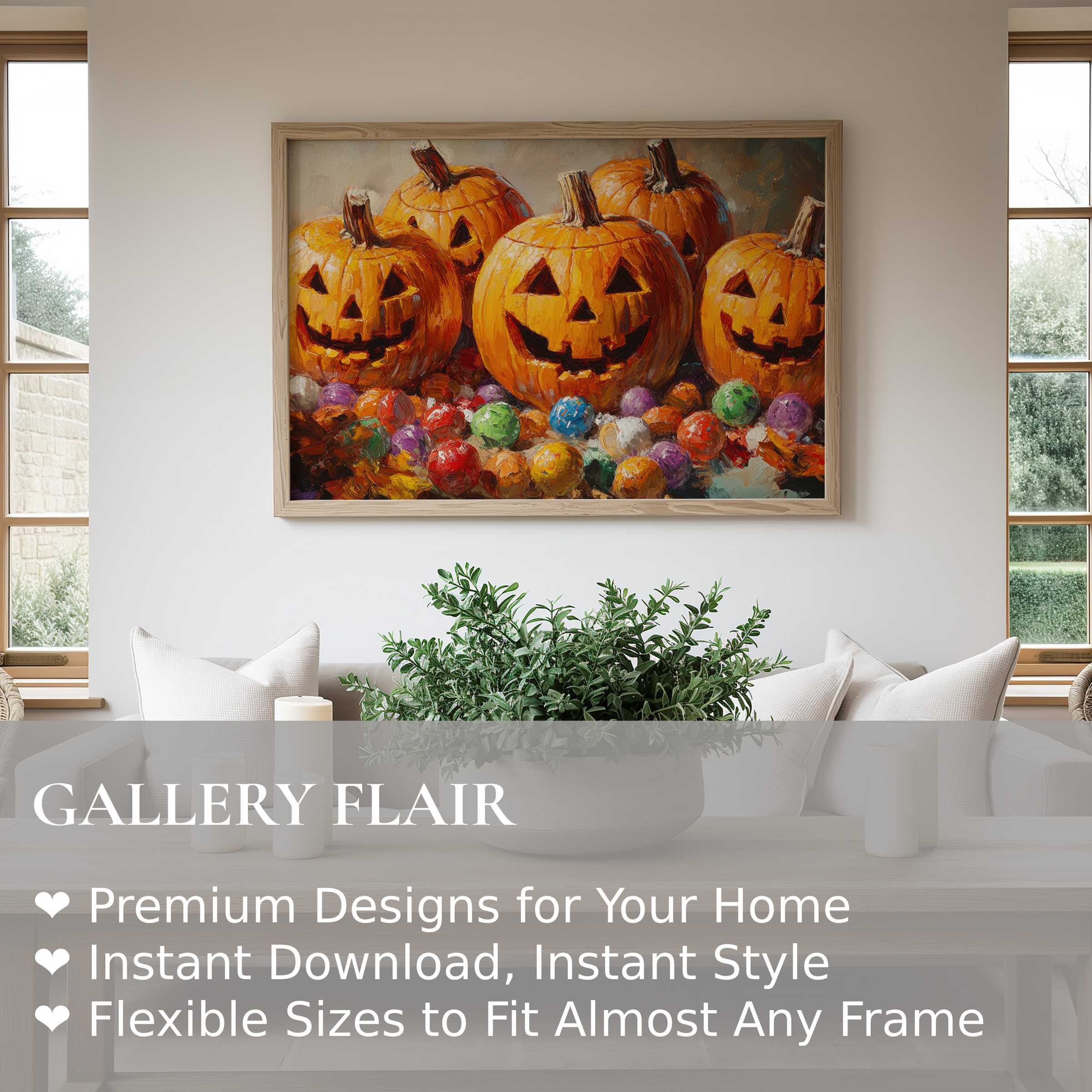 Halloween wall art print featuring radiant, textured jack-o'-lanterns with vibrant candy accents, elevating a modern, airy living space