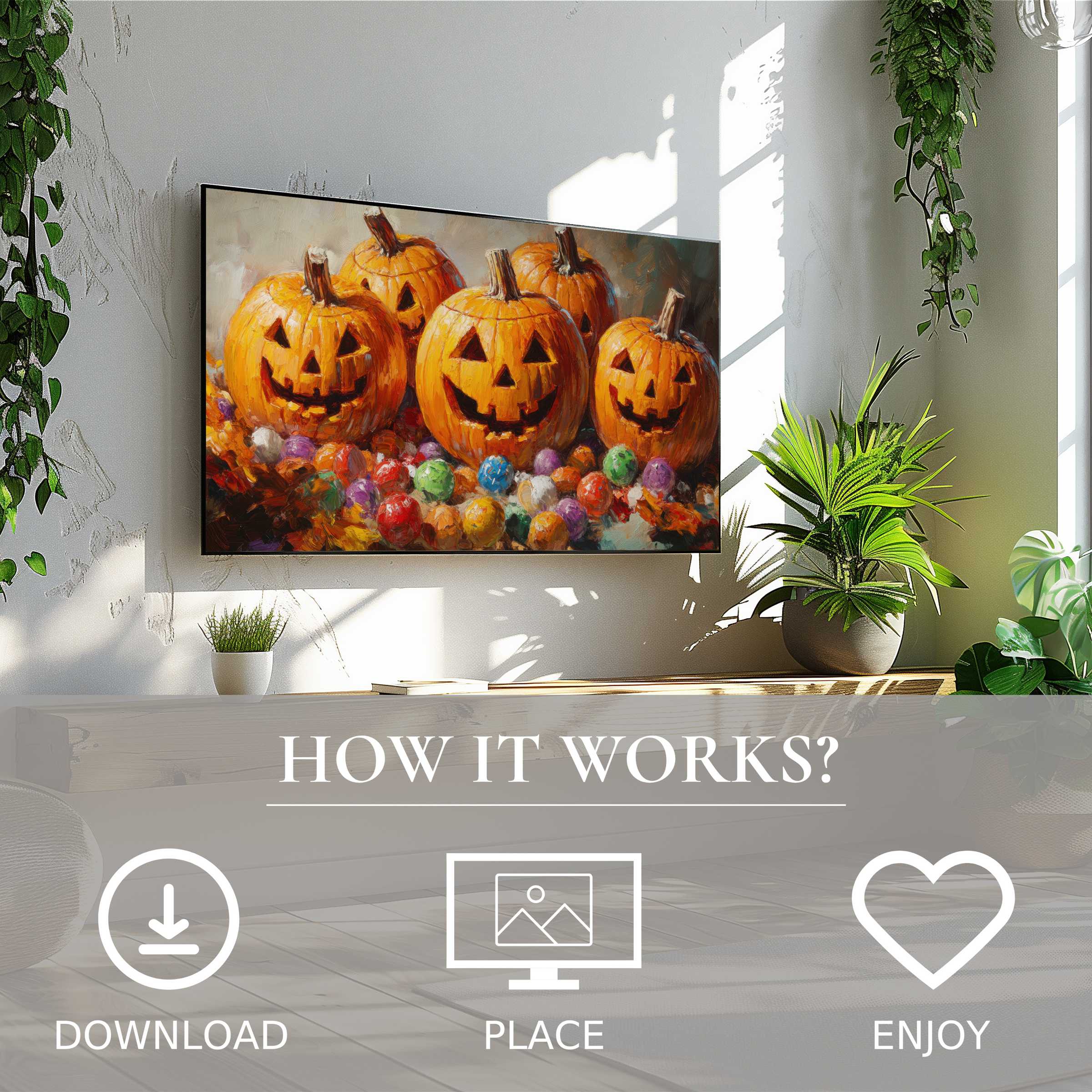 Halloween art for Samsung TV showing bright jack-o'-lanterns and candy; easy digital download enriches modern decor