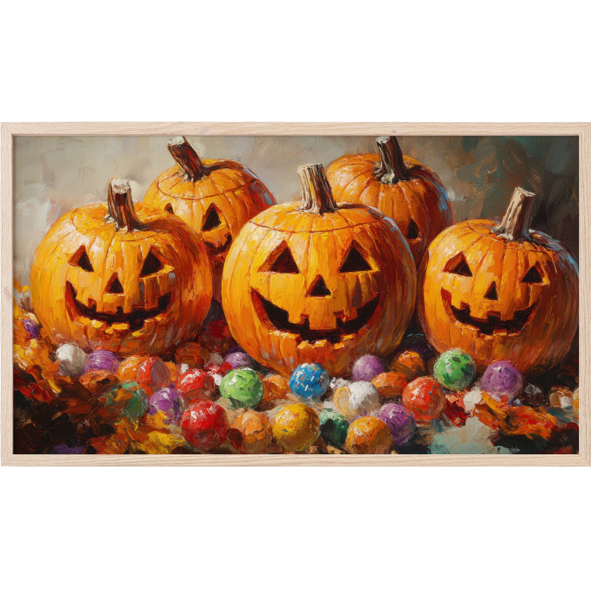 Vibrant halloween Frame TV Art with cheerful carved pumpkins and colorful candy in a rich, textured painterly style