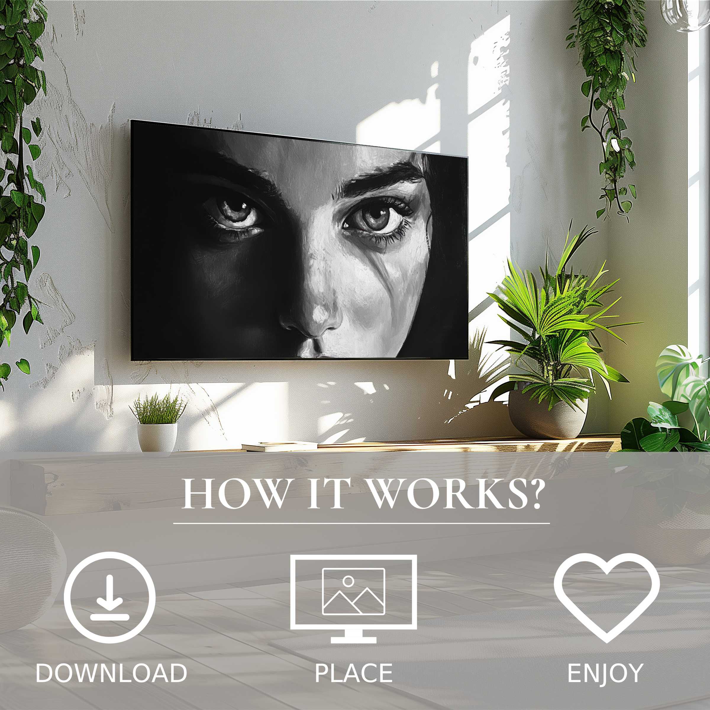 Black and white art for Samsung TV with striking face motif, easy digital download enriching modern minimalist living spaces