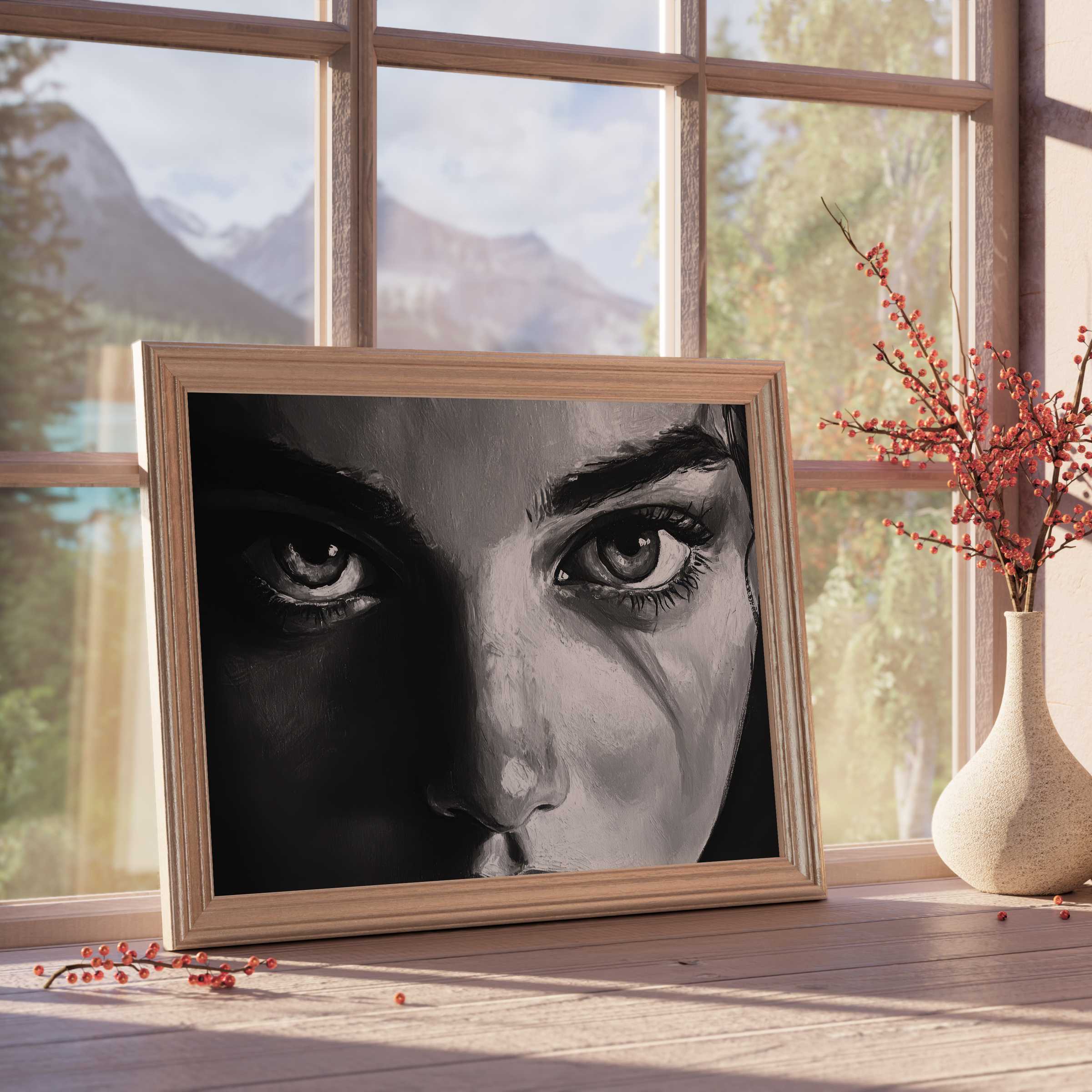Black and white downloadable art capturing raw human emotion, enriching curated interiors with timeless, dramatic elegance