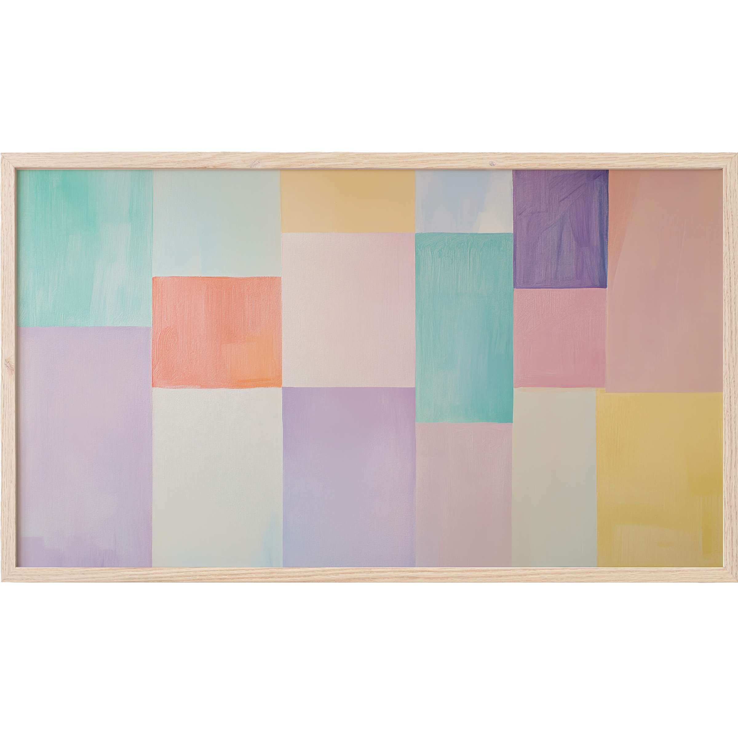 Minimalist Frame TV Art with soft pastel blocks in mint, lavender, peach, and yellow for a serene modern space