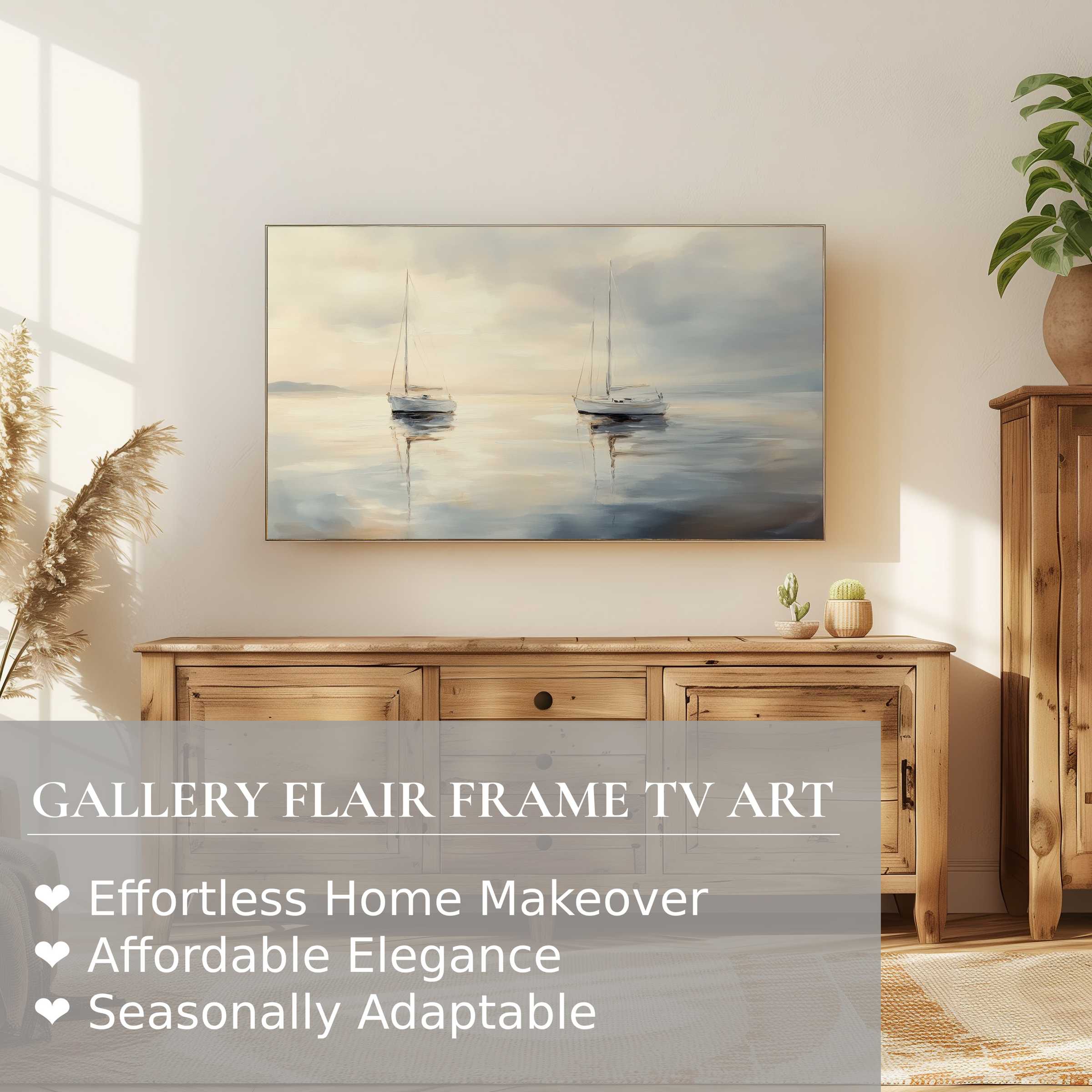 Samsung Frame TV displaying neutral digital artwork of serene sailboats in a minimalist, sunlit room setting