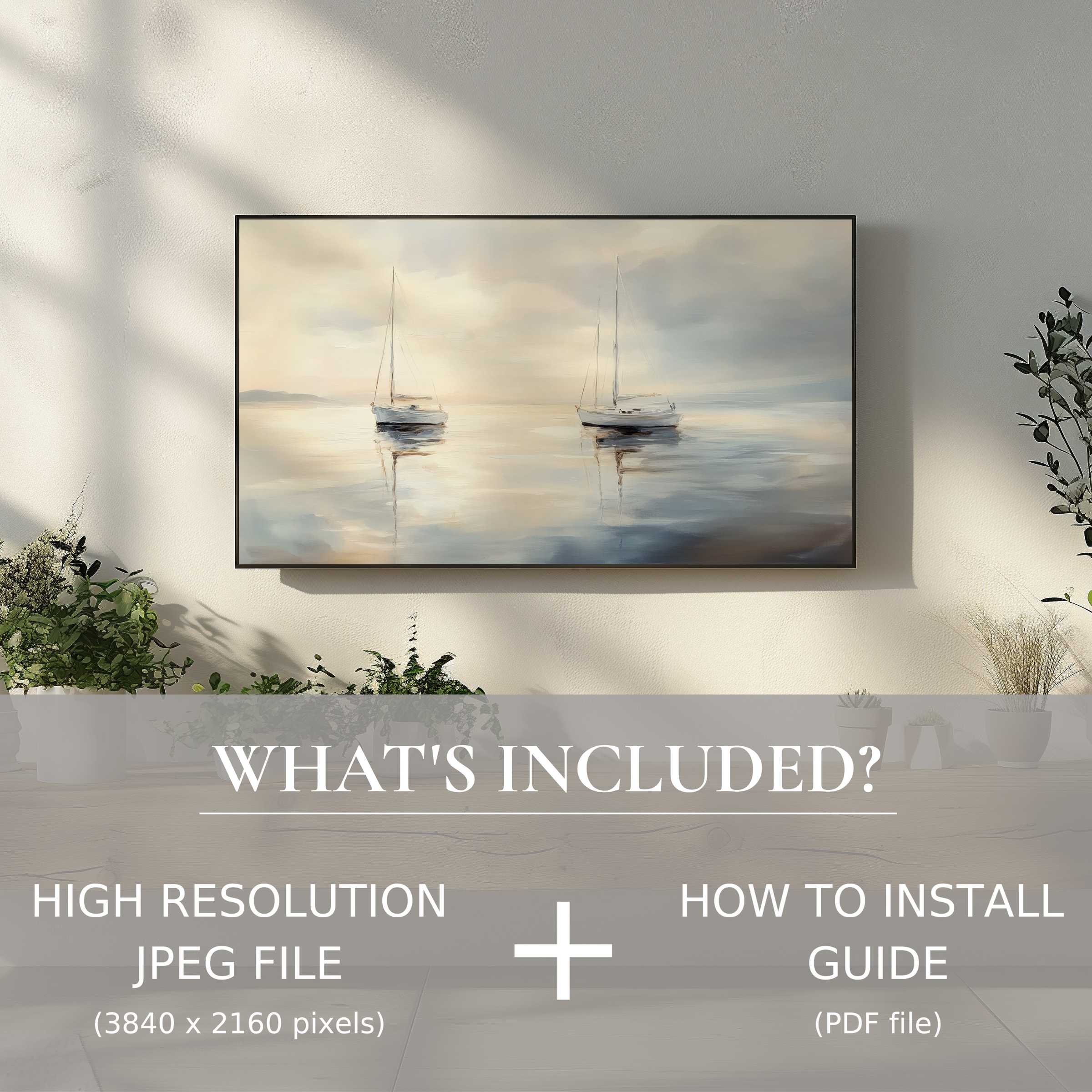 Neutral digital TV art download featuring serene boats, easy to use and elevates modern living spaces with elegance
