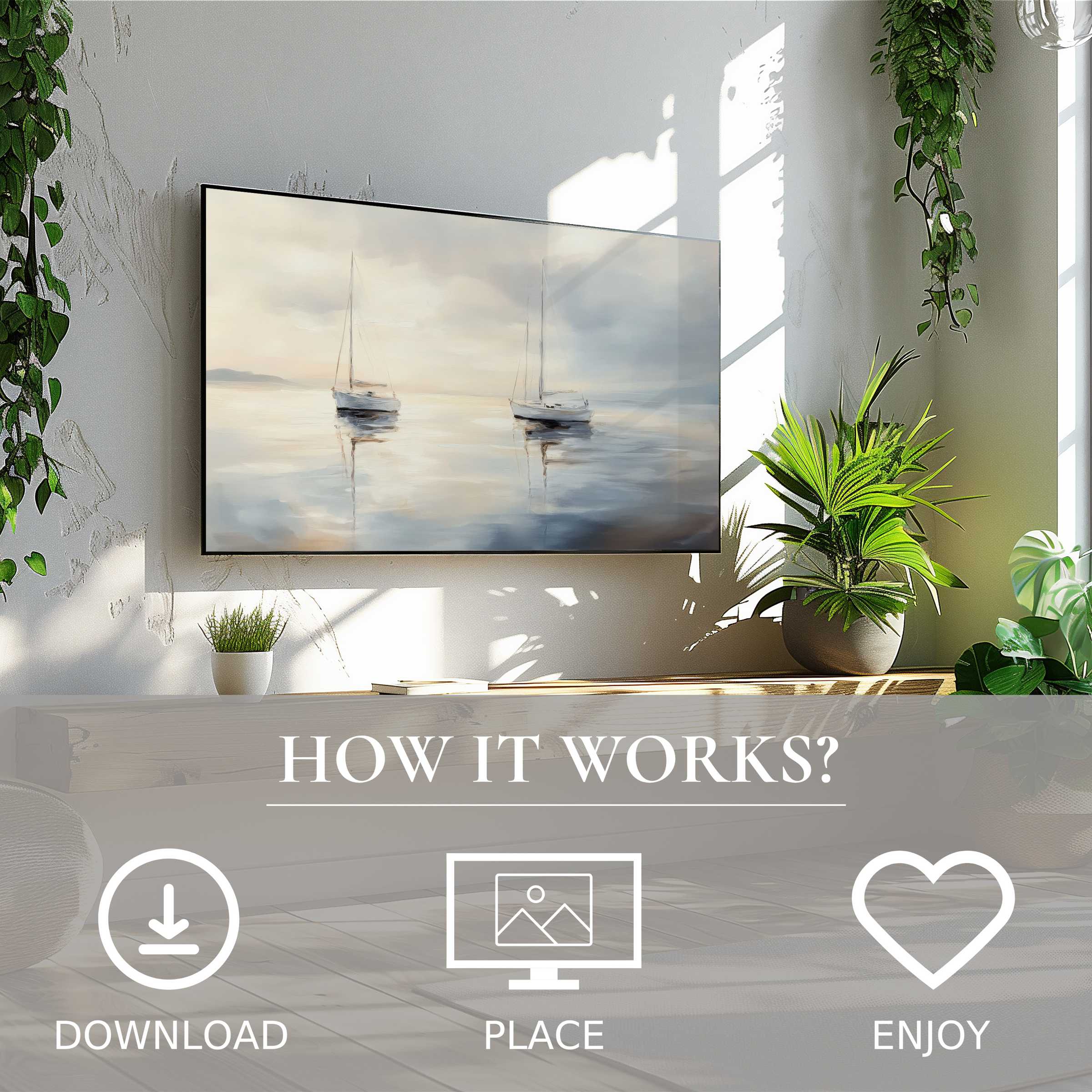 Neutral art for Samsung TV shows soft sunset tones with sailboats, easy digital download enhances stylish living spaces