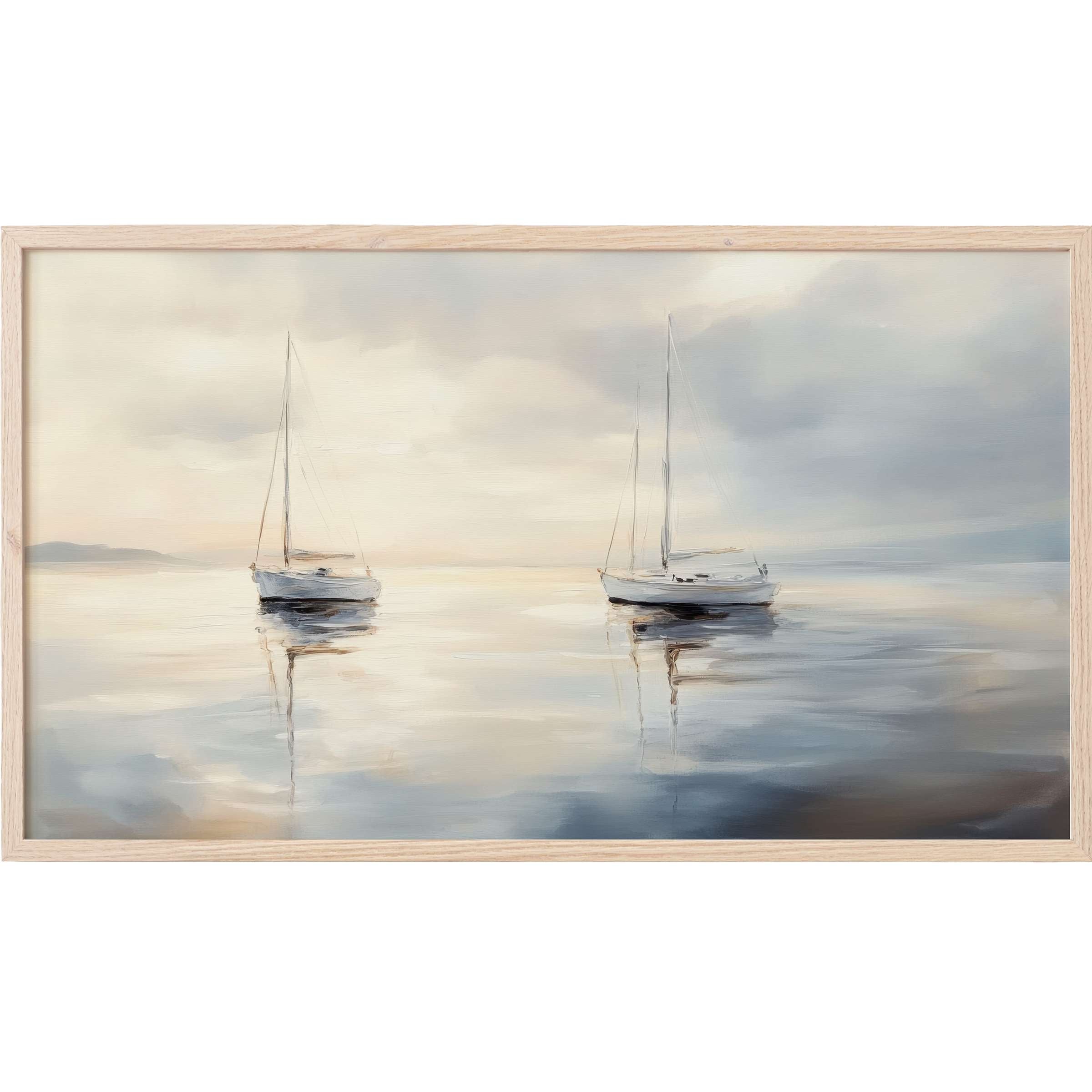 Serene sailboats on misty water in soft grays and blues, an elegant neutral Frame TV Art for refined spaces