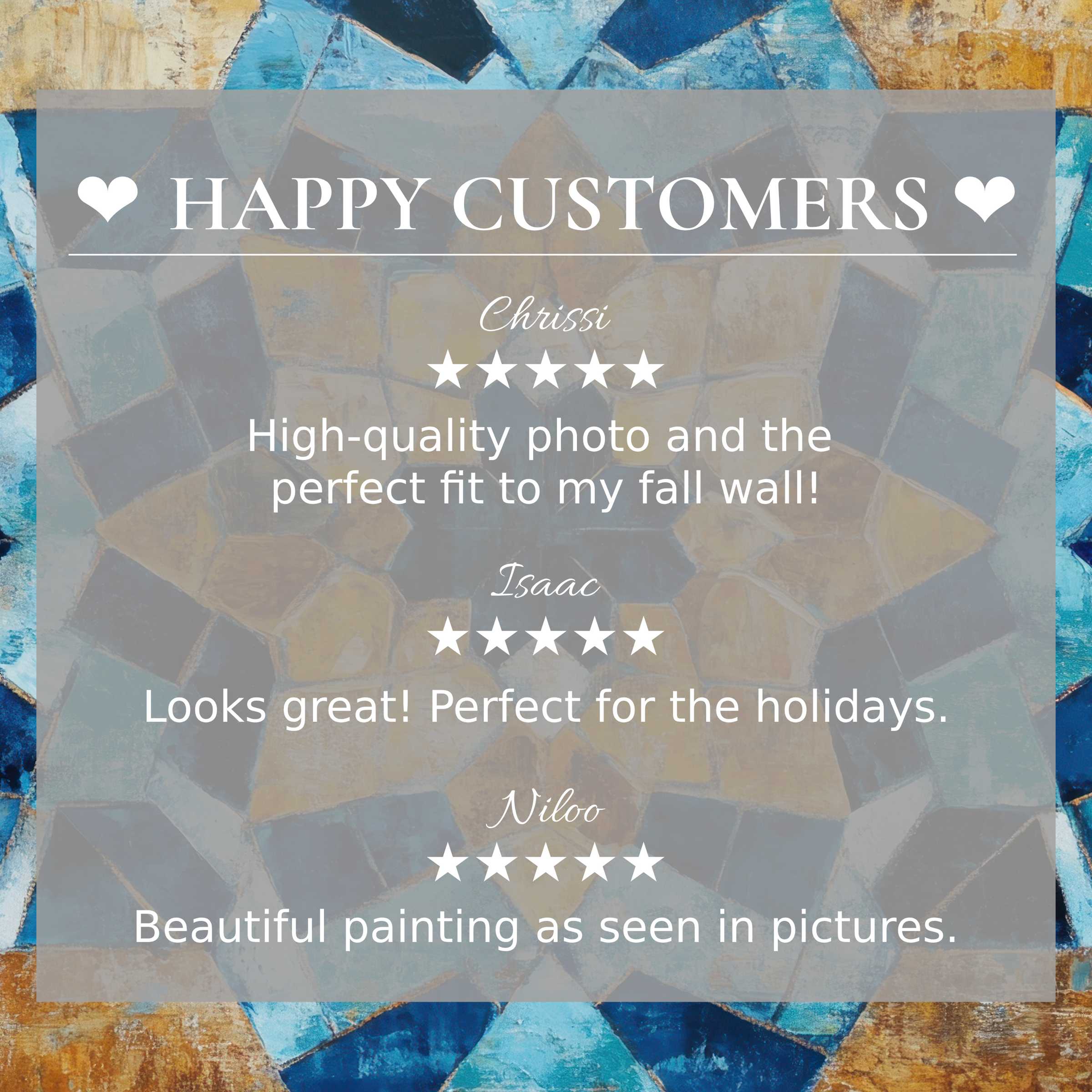 Boho art for Frame TV with abstract sunset hues and happy customer reviews building trust and elegant style appeal