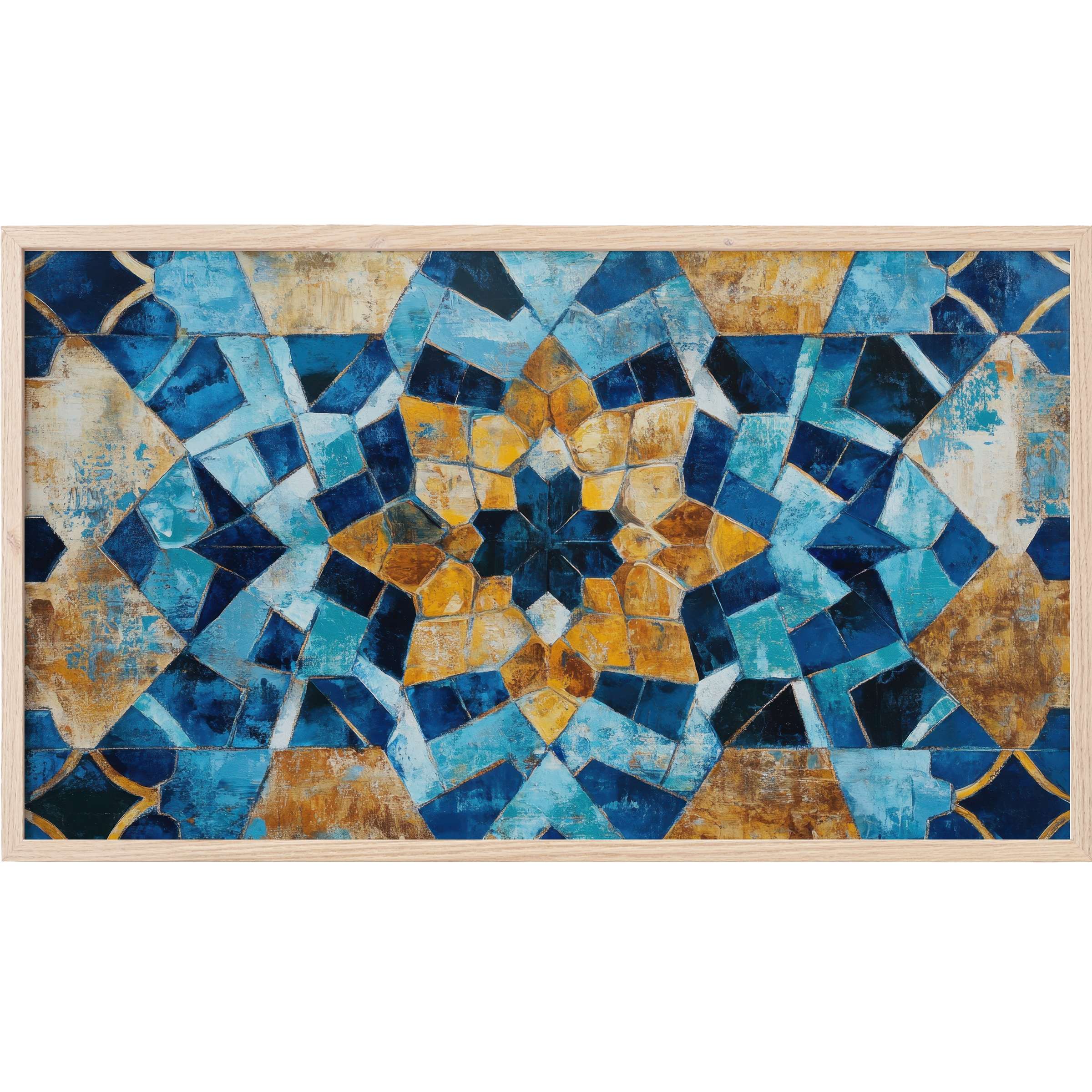 Boho Frame TV Art with intricate mosaic design in shades of blue, gold, and teal in a modern, elegant style