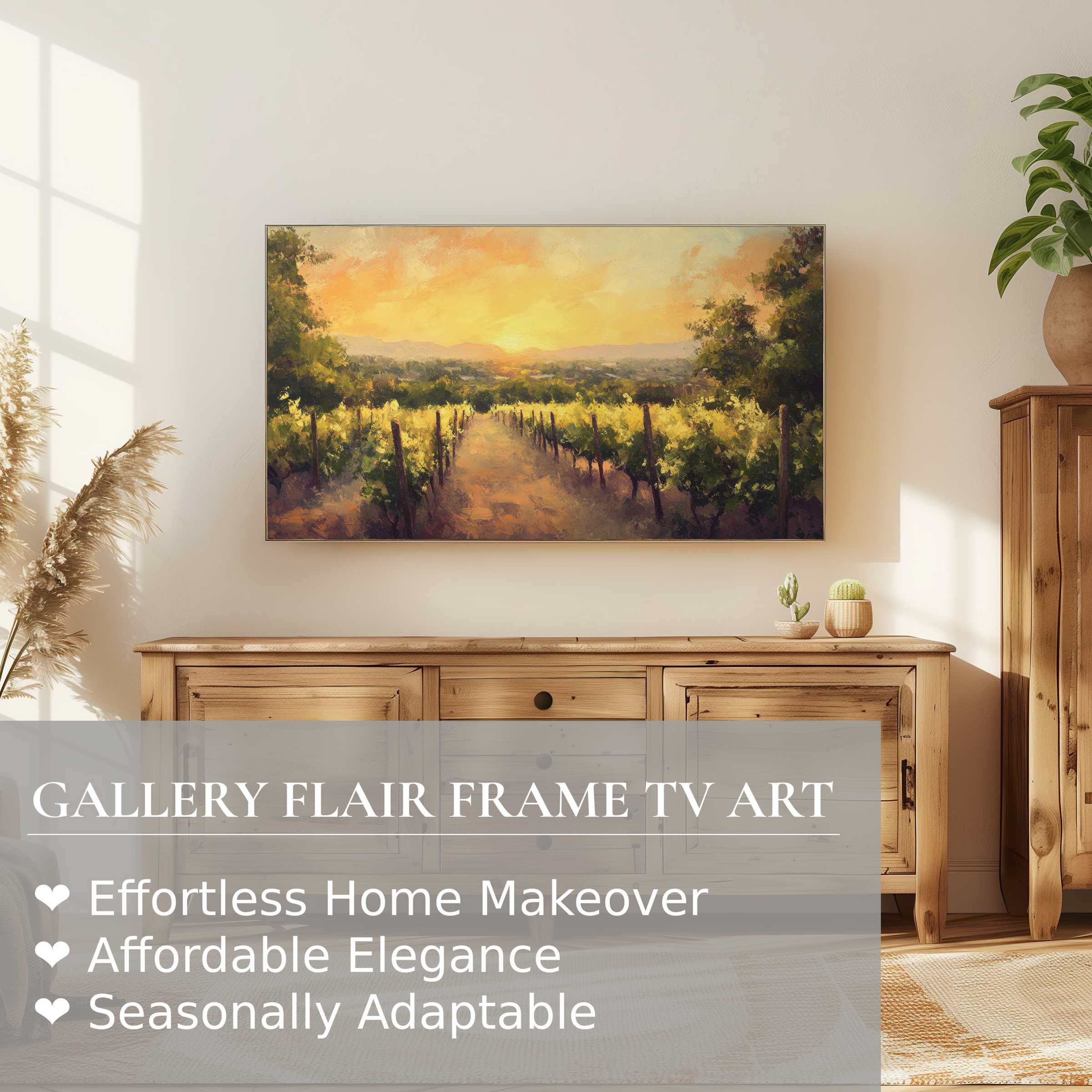 Samsung Frame TV displaying warm summer digital artwork of a vineyard at sunset in a modern, elegant room