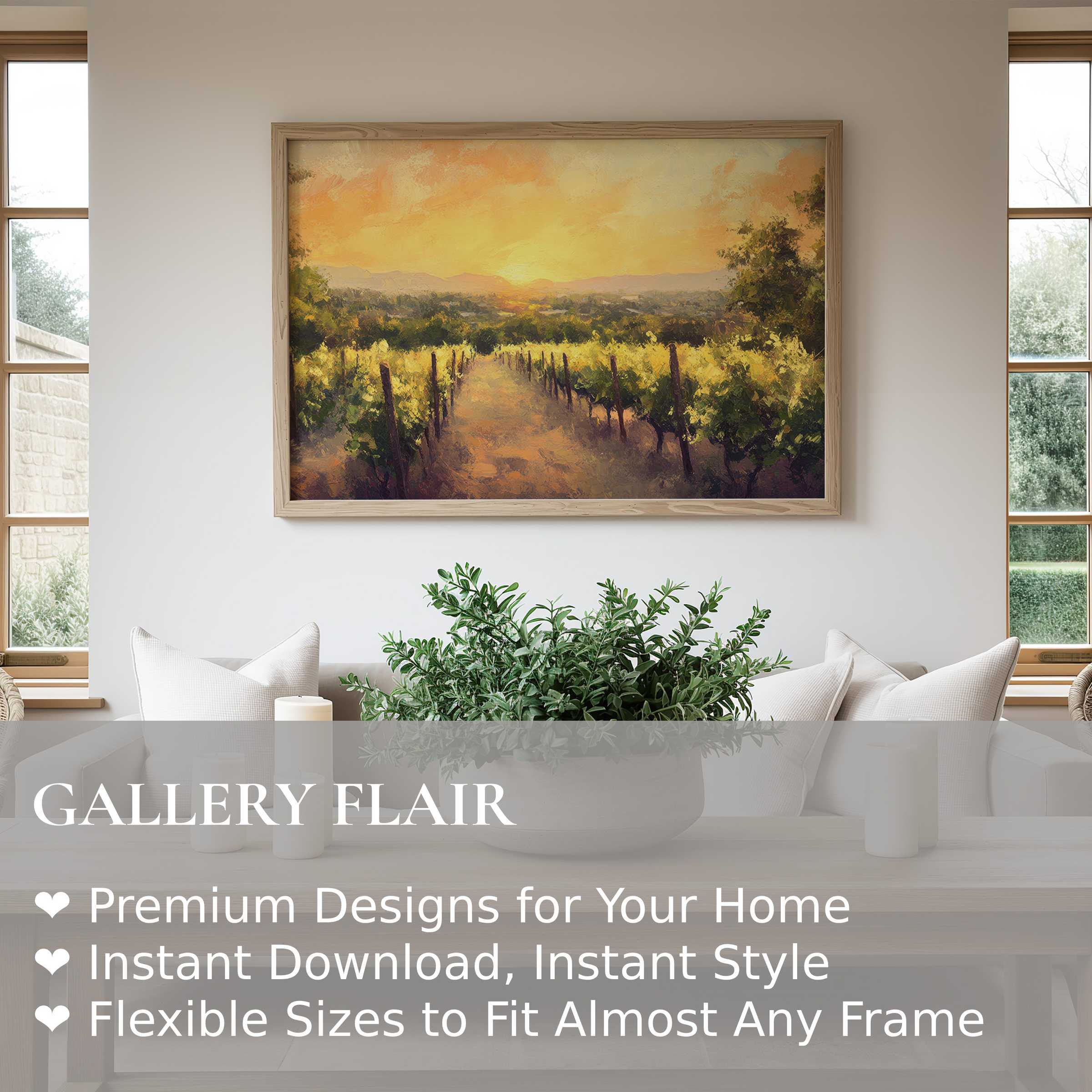 Radiant summer wall art print depicting a sunlit vineyard at golden hour, enhancing modern rustic interiors with warm, calming elegance