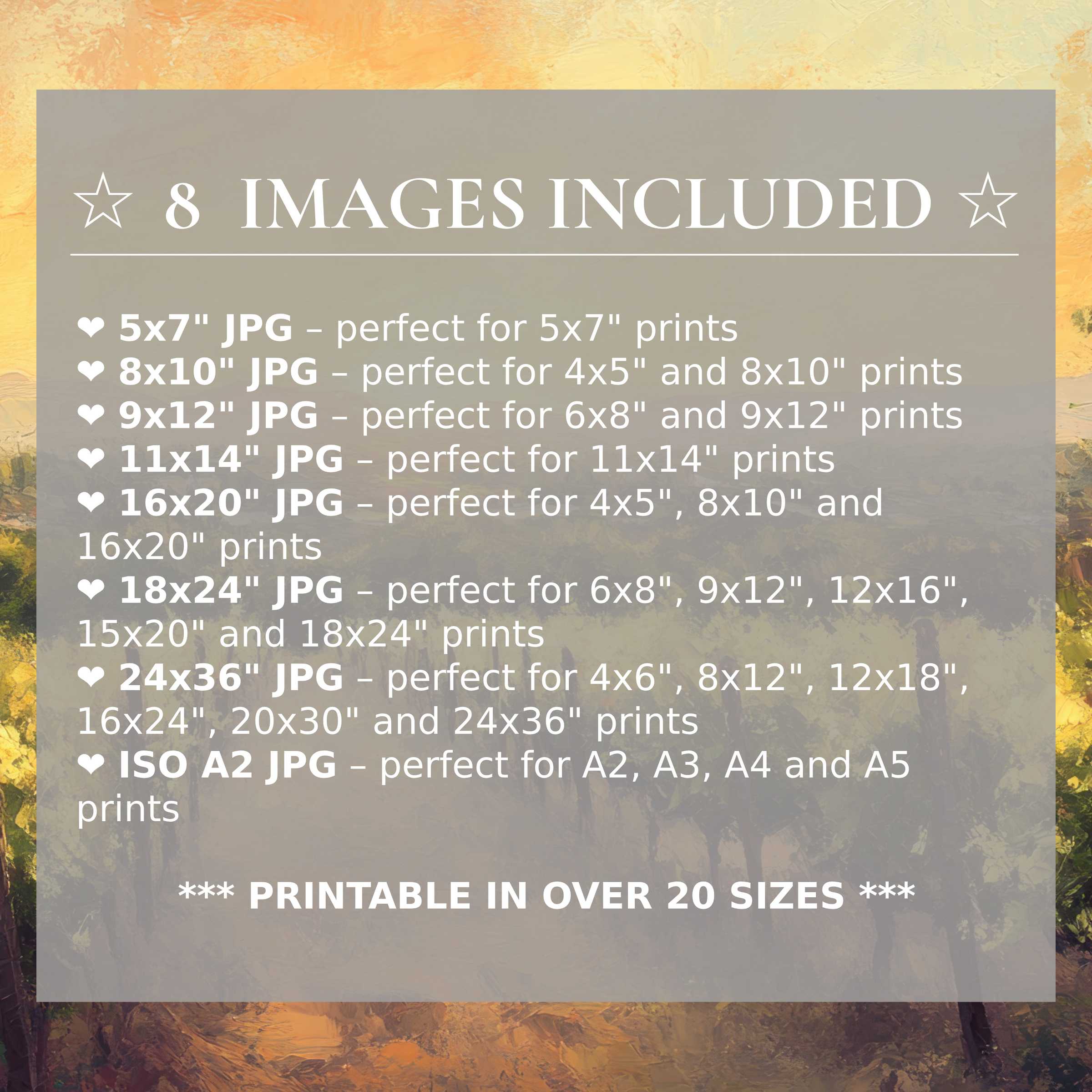 Radiant summer digital print in warm golds and soft greens, elevating modern interiors with style and 8 included sizes