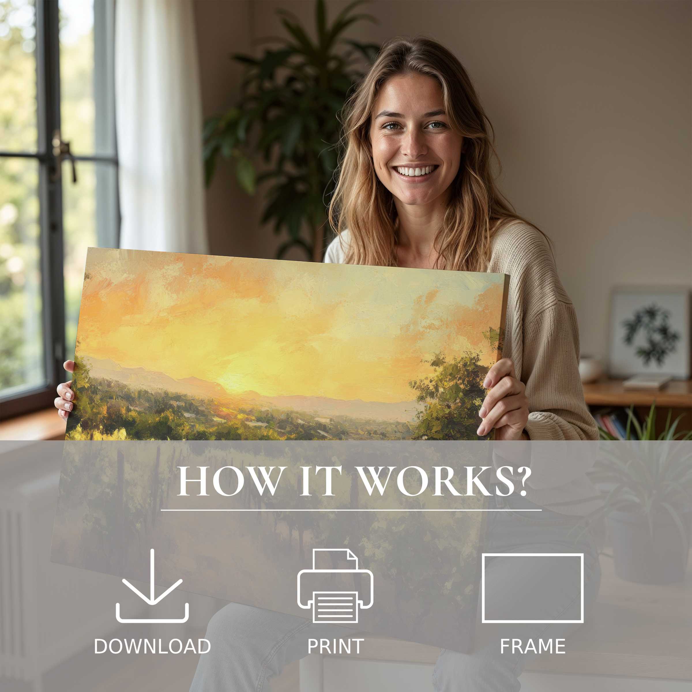 A radiant woman in a stylish home embraces a summer digital art print, evoking warmth and effortless elegance in living with art