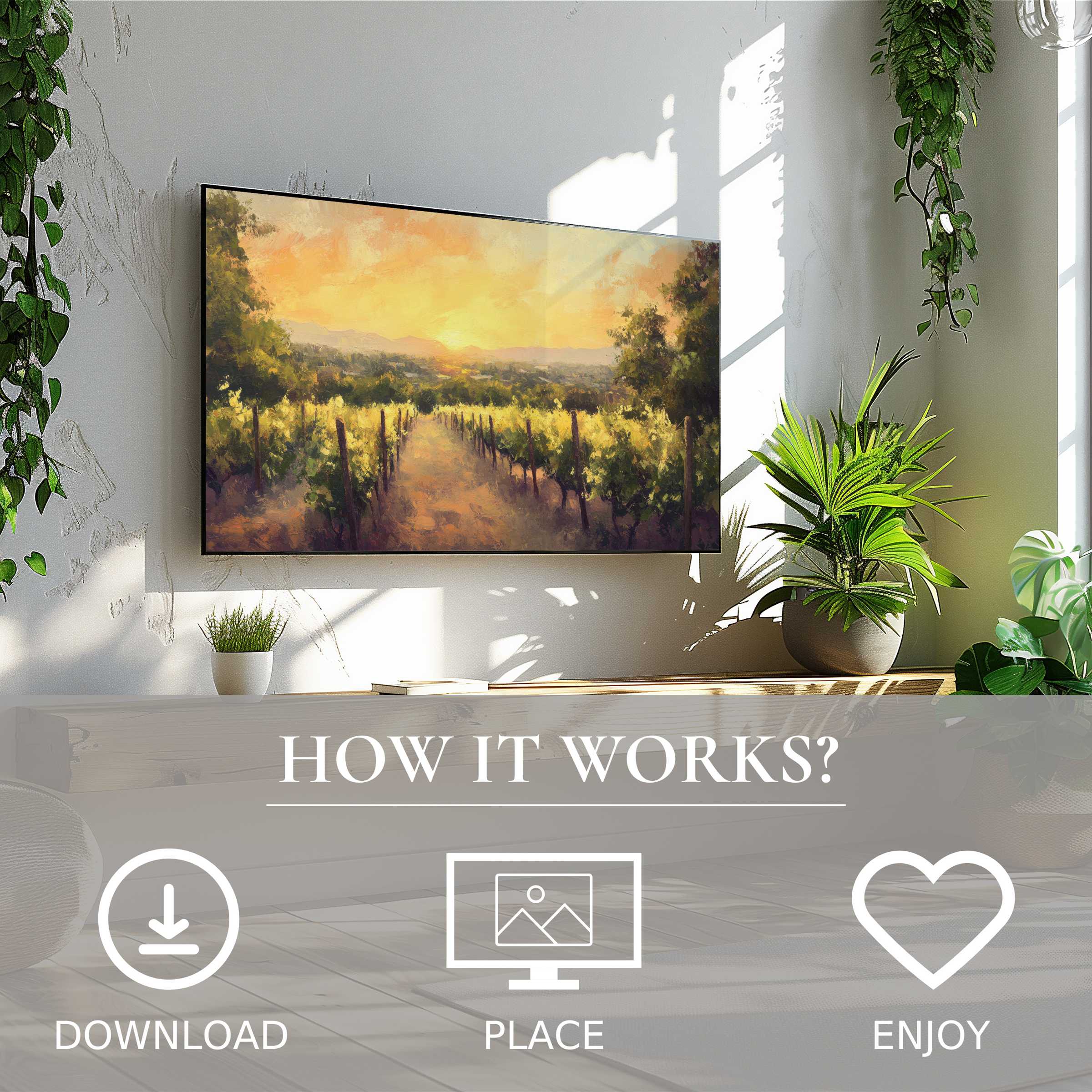 Summer art for Samsung TV showing soft sunset tones over vineyard; easy digital download enriches modern living spaces
