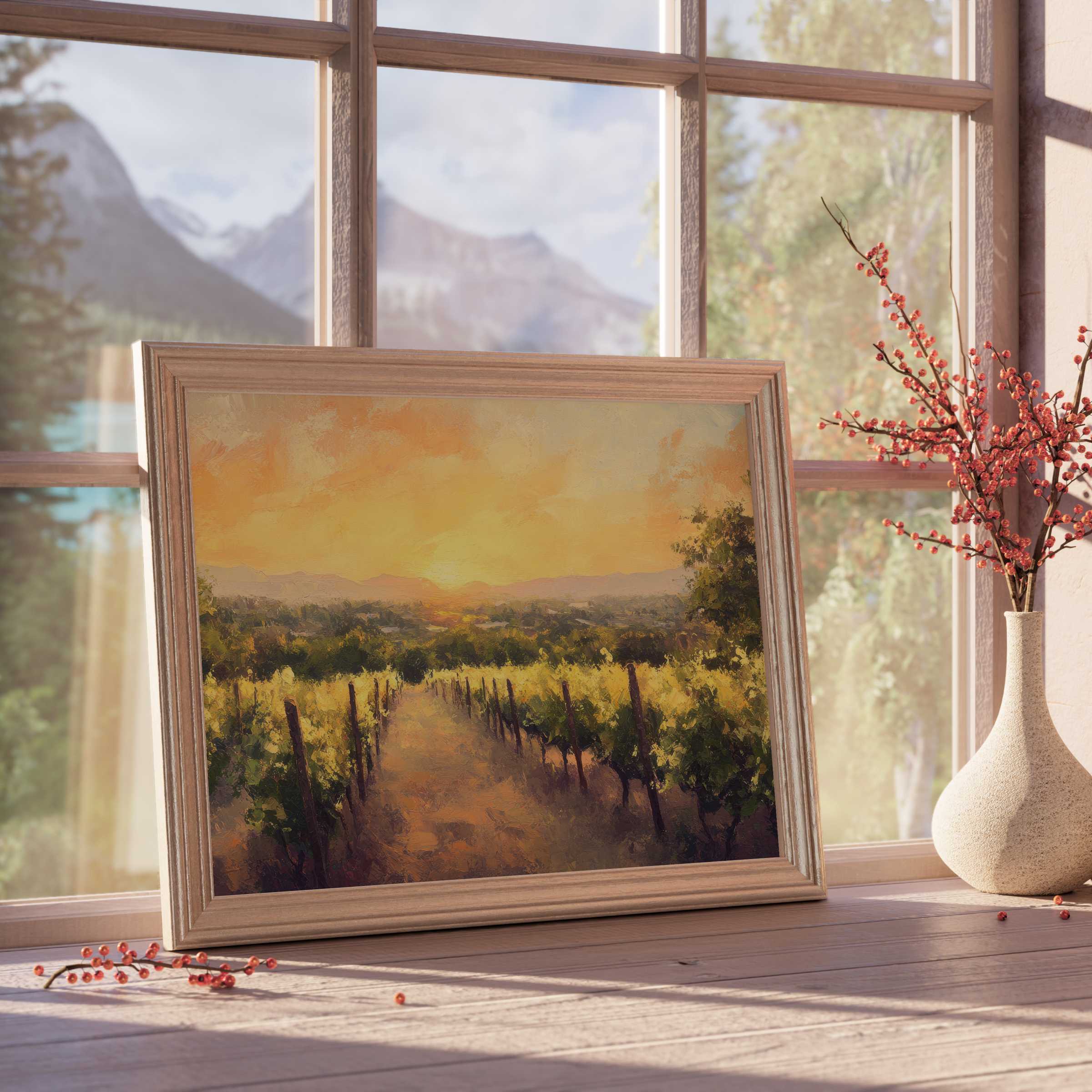 Summer downloadable art capturing a serene vineyard sunset, infusing warm, tranquil vibes into curated design-forward interiors