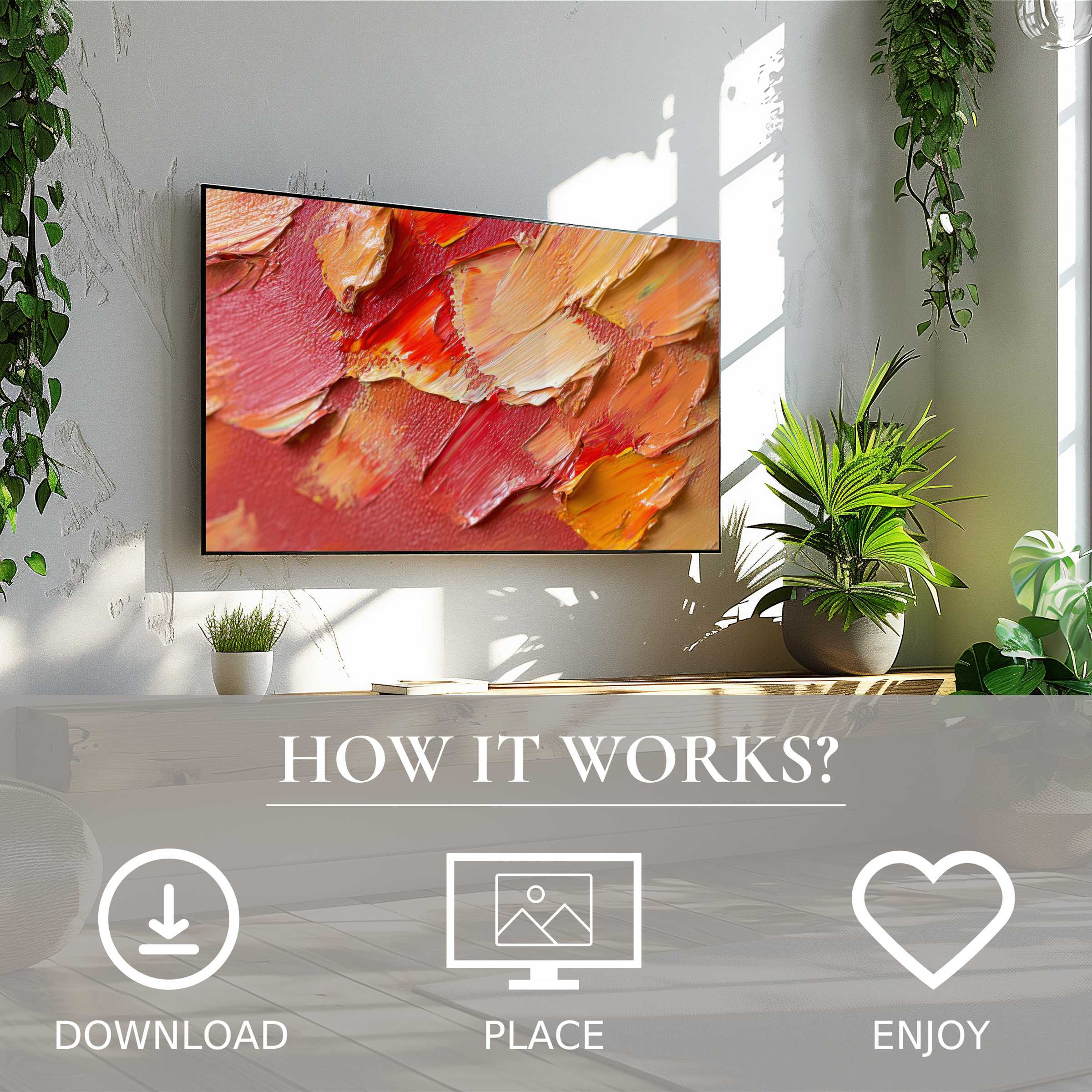 Modern living room with abstract art for Samsung TV in warm sunset tones; easy digital download enriches space