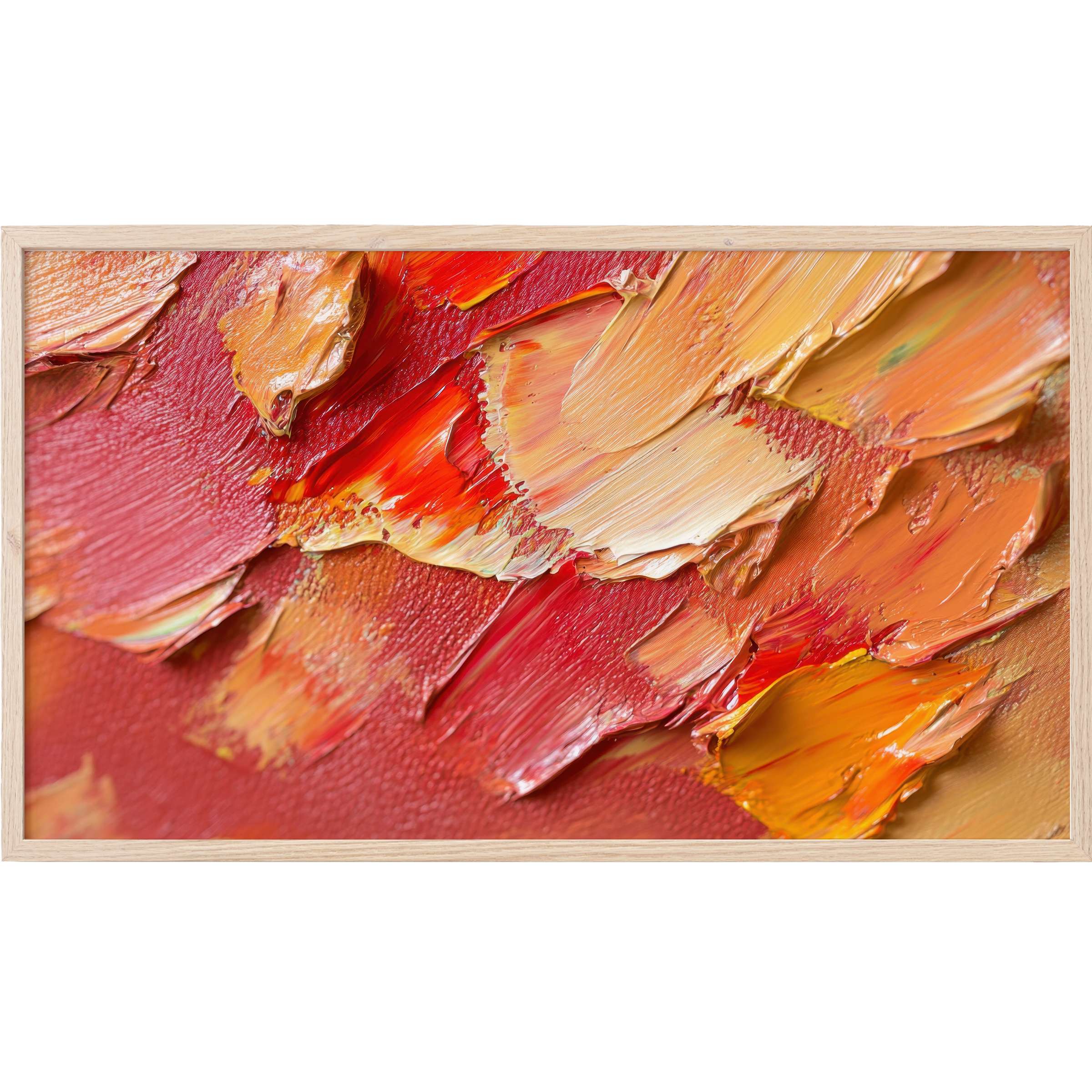 Abstract Frame TV Art with vivid textured brushstrokes in fiery reds, oranges, and soft peach tones, modern and elegant