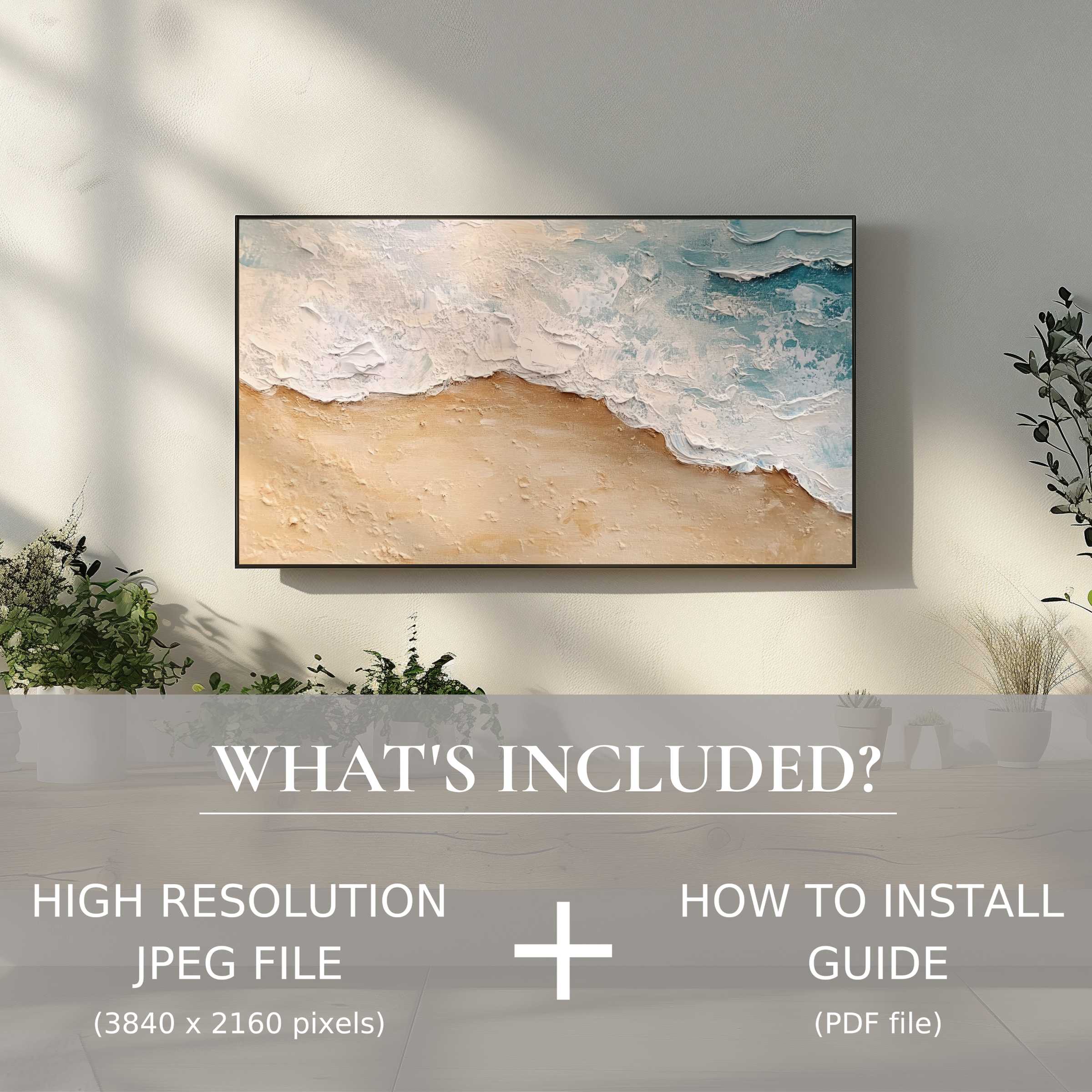 Elegant coastal digital TV art download enhancing modern living spaces with easy, high-res use and sleek installation guide