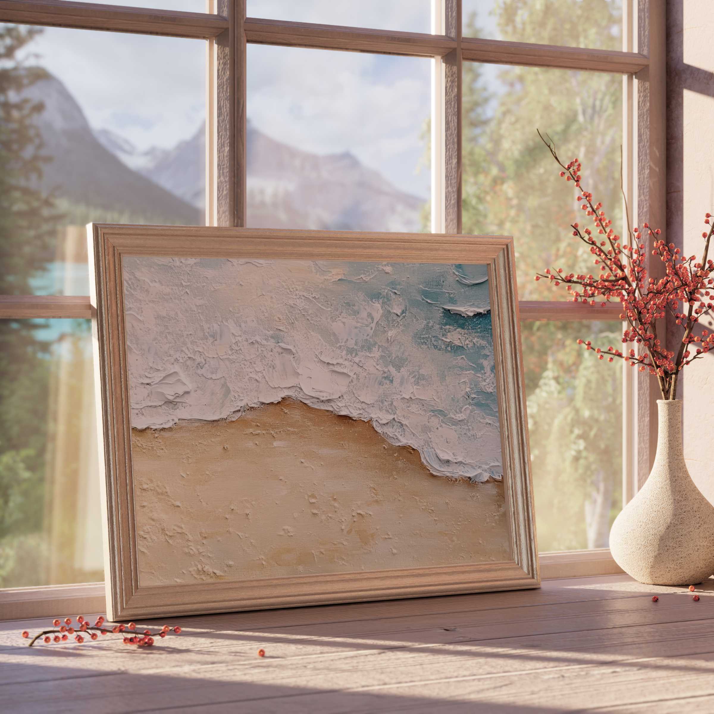 Coastal downloadable art capturing serene waves meeting sandy shores, elevating tranquil, curated interiors with textured elegance