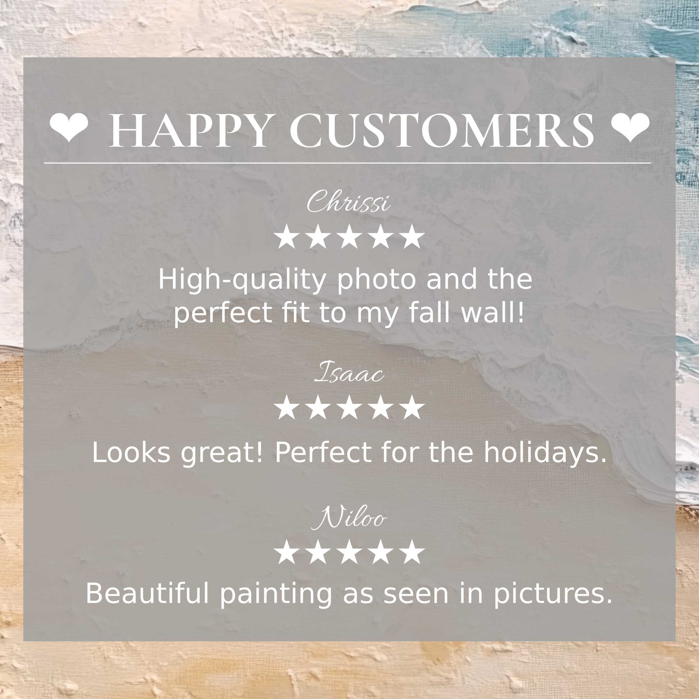 Coastal art for Frame TV with abstract sandy blues showcases happy customer reviews, blending trust and elegant style