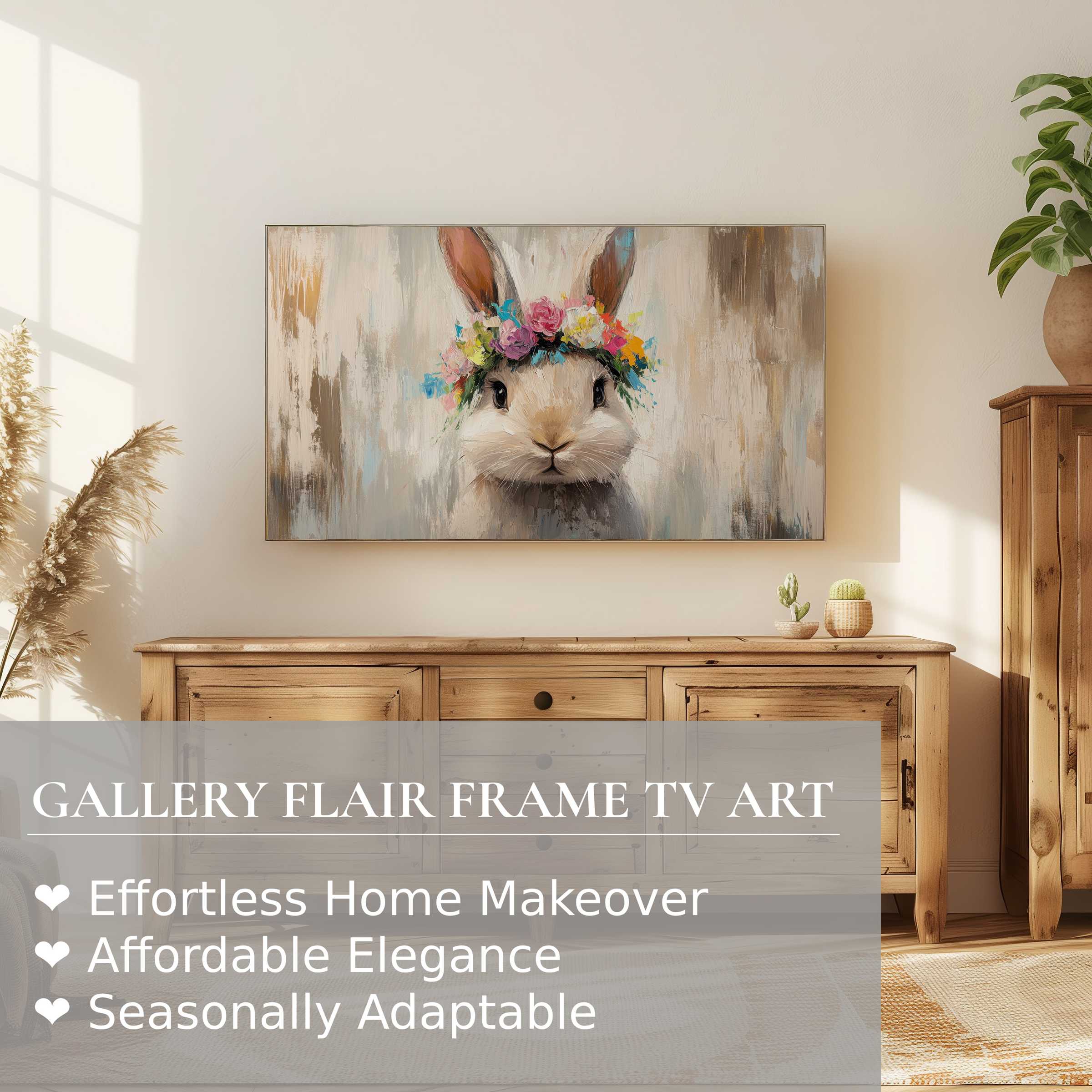 Samsung Frame TV displaying elegant easter digital artwork of a bunny with floral crown in a cozy, modern setting
